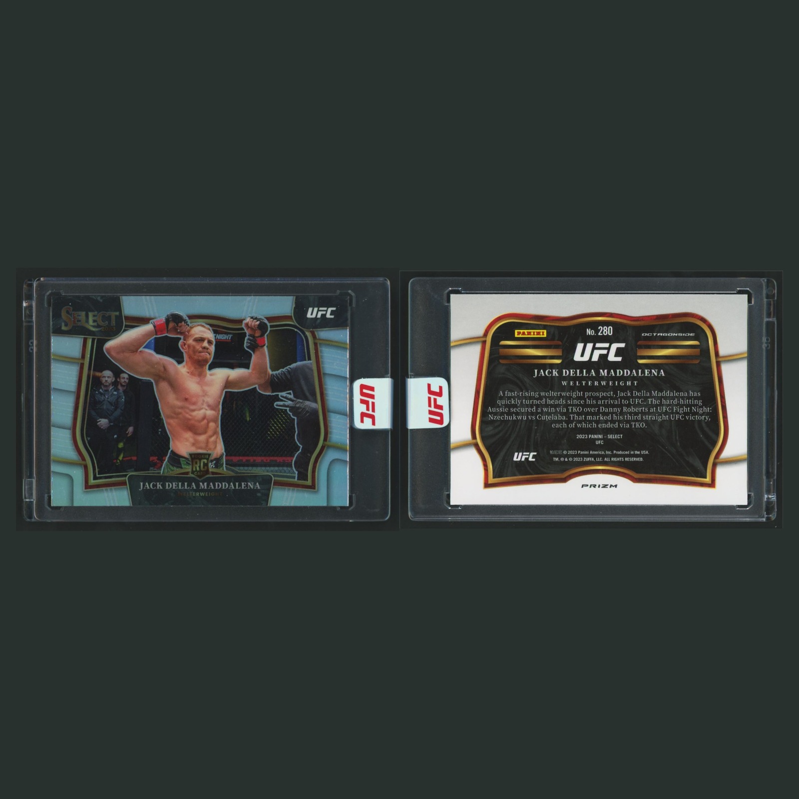 Jack Della Maddalena Rookie #280 2023 Panini Select UFC Silver Prizm MMA Card front and back scans. Card condition is Near Mint.