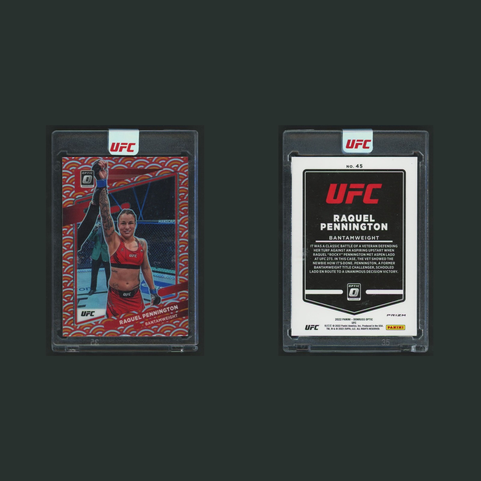 Raquel Pennington #45 2022 Panini Donruss Optic UFC Photon Prizm MMA Card front and back scans. Card condition is Near Mint.
