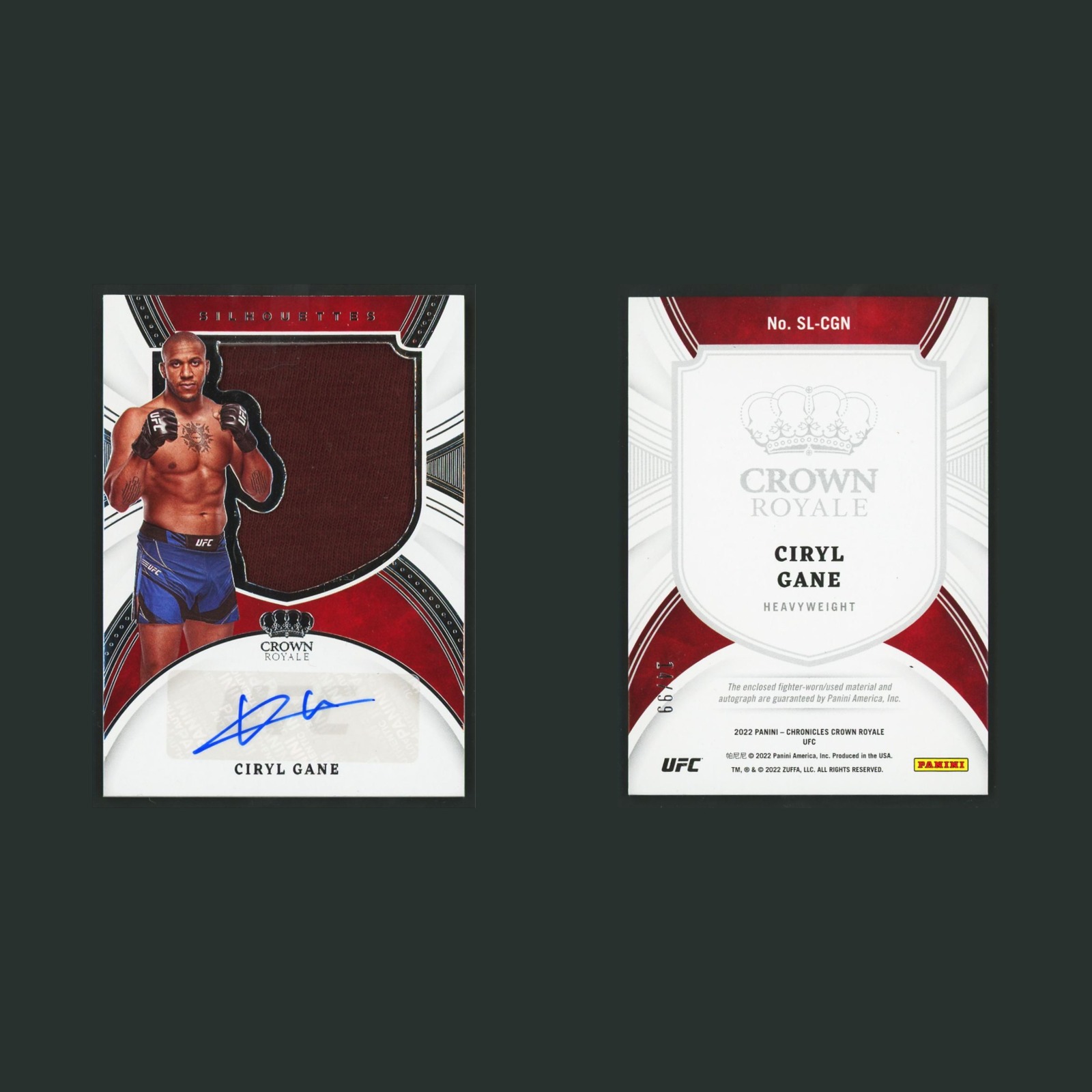 Cyril Gane Patch Auto /99 #SL-CGN Autograph 2022 MMA Card front and back scans. Card condition is Near Mint.