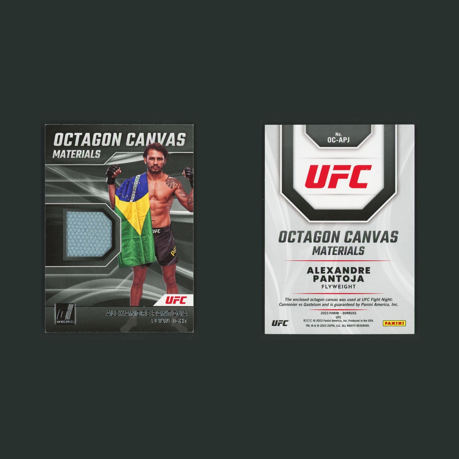 Alexandre Pantoja Patch #OC-APJ 2023 Panini Donnuss UFC Octagon Canvas MMA Card front and back scans. Card condition is Excellent.
