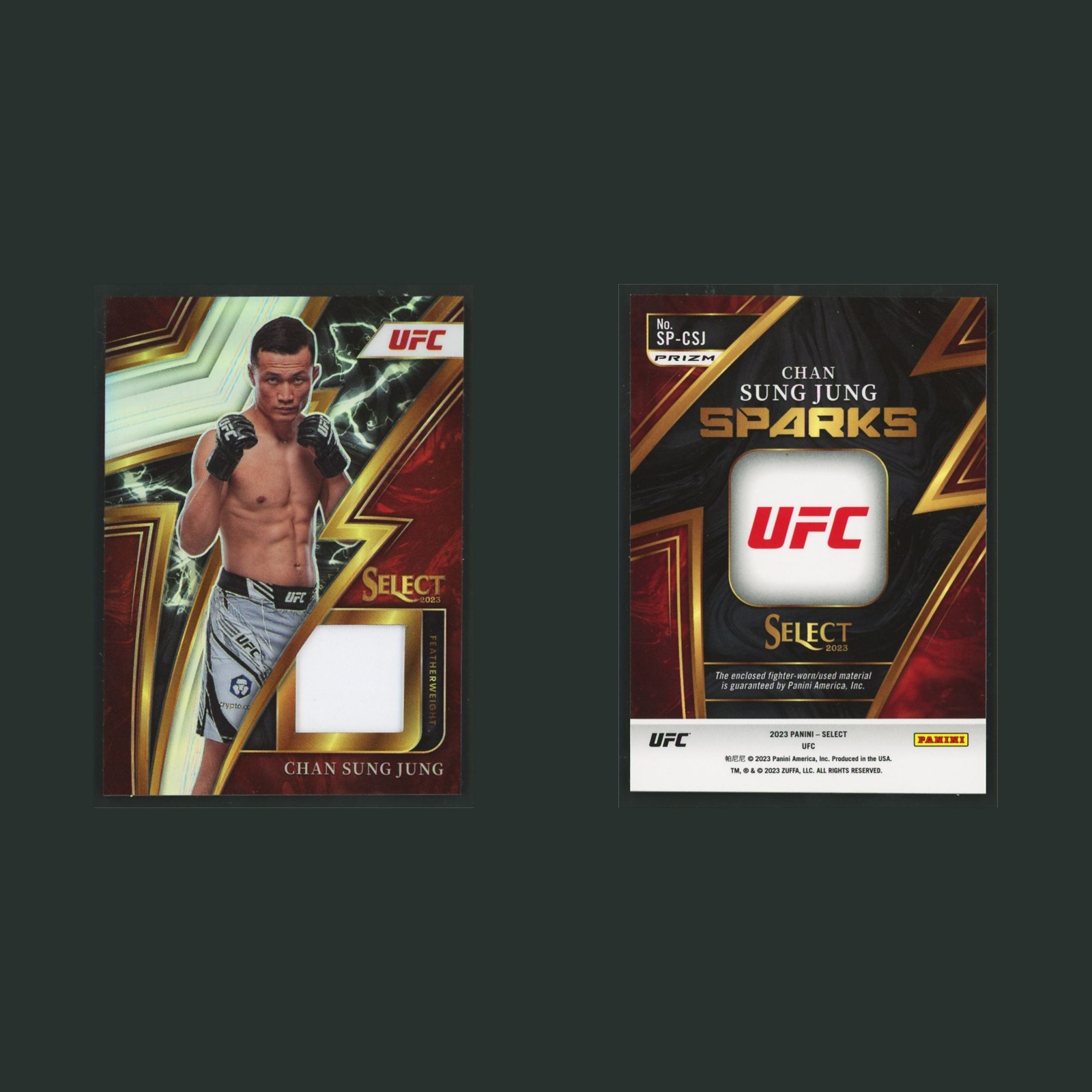 Chan Sung Jung Patch #SP-CSJ 2023 Panini Select UFC Sparks Silver Prizm MMA Card front and back scans. Card condition is Near Mint.