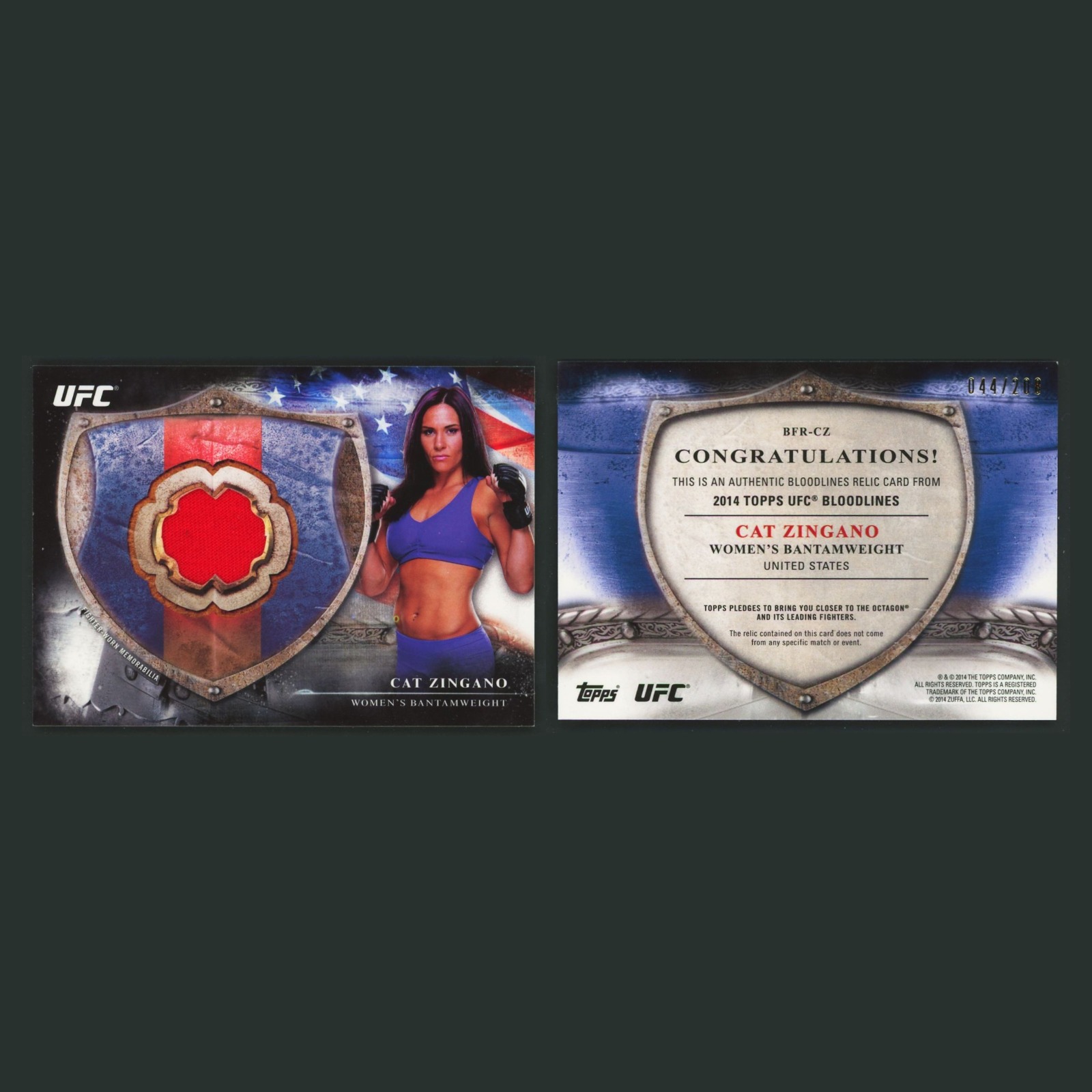 Cat Zingano Patch /208 #BFR-CZ 2014 Topps UFC Bloodlines MMA Card front and back scans. Card condition is Near Mint.