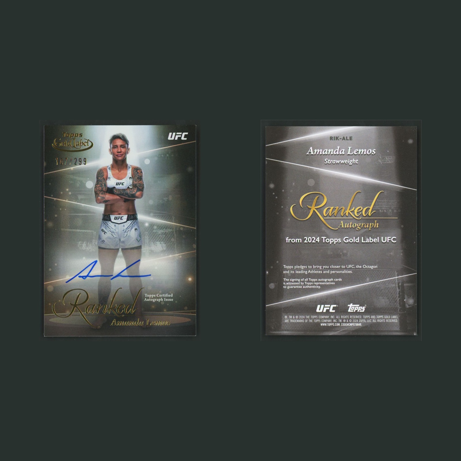 Amanda Lemos Auto /299 #RIK-ALE Autograph 2024 Topps Gold Label UFC MMA Card front and back scans. Card condition is Near Mint.