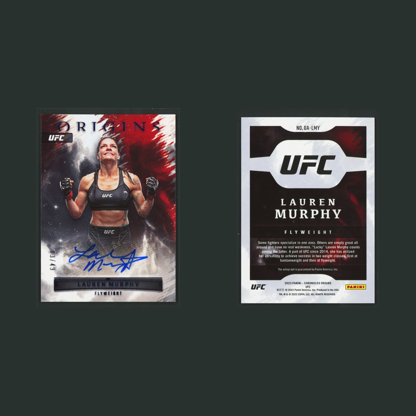 Lauren Murphy Auto /49 #OA-LMV Autograph 2023 Panini Chronicles Origins Blue MMA front and back scans. Card condition is Near Mint.
