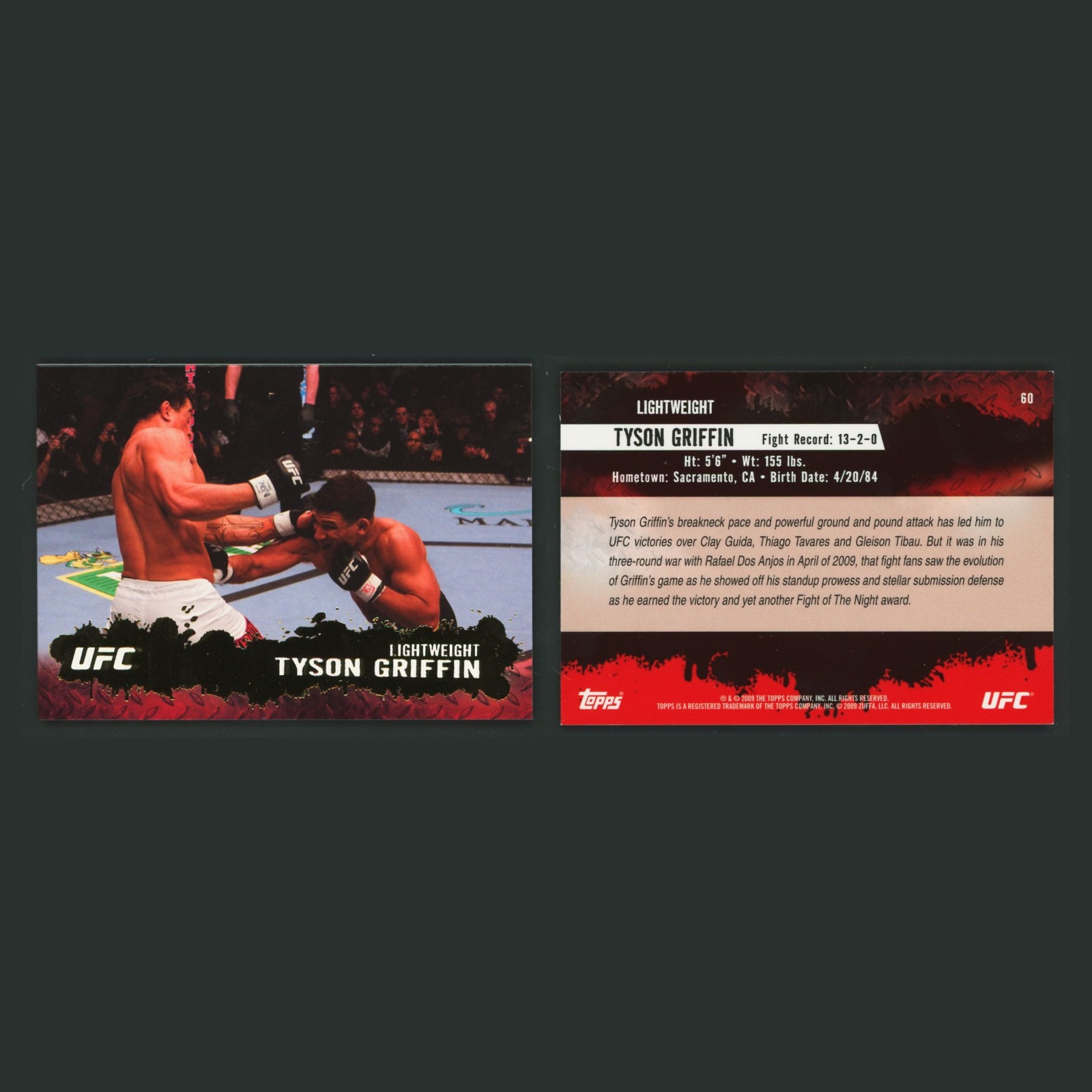Tyson Griffin Rookie #60 2009 Topps UFC Round 2 Gold MMA Card front and back scans. Card condition is Excellent.
