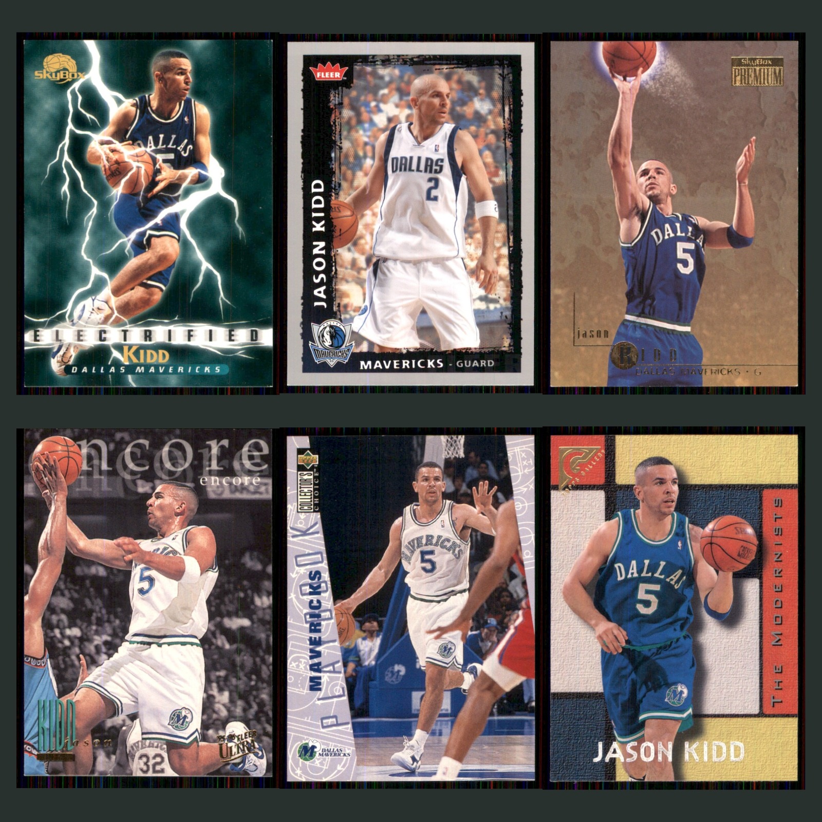 Jason Kidd Lot 6 Basketball Cards 1996 SkyBox Electrified Dallas Mavericks Set card scans. Overall card condition is Near Mint.