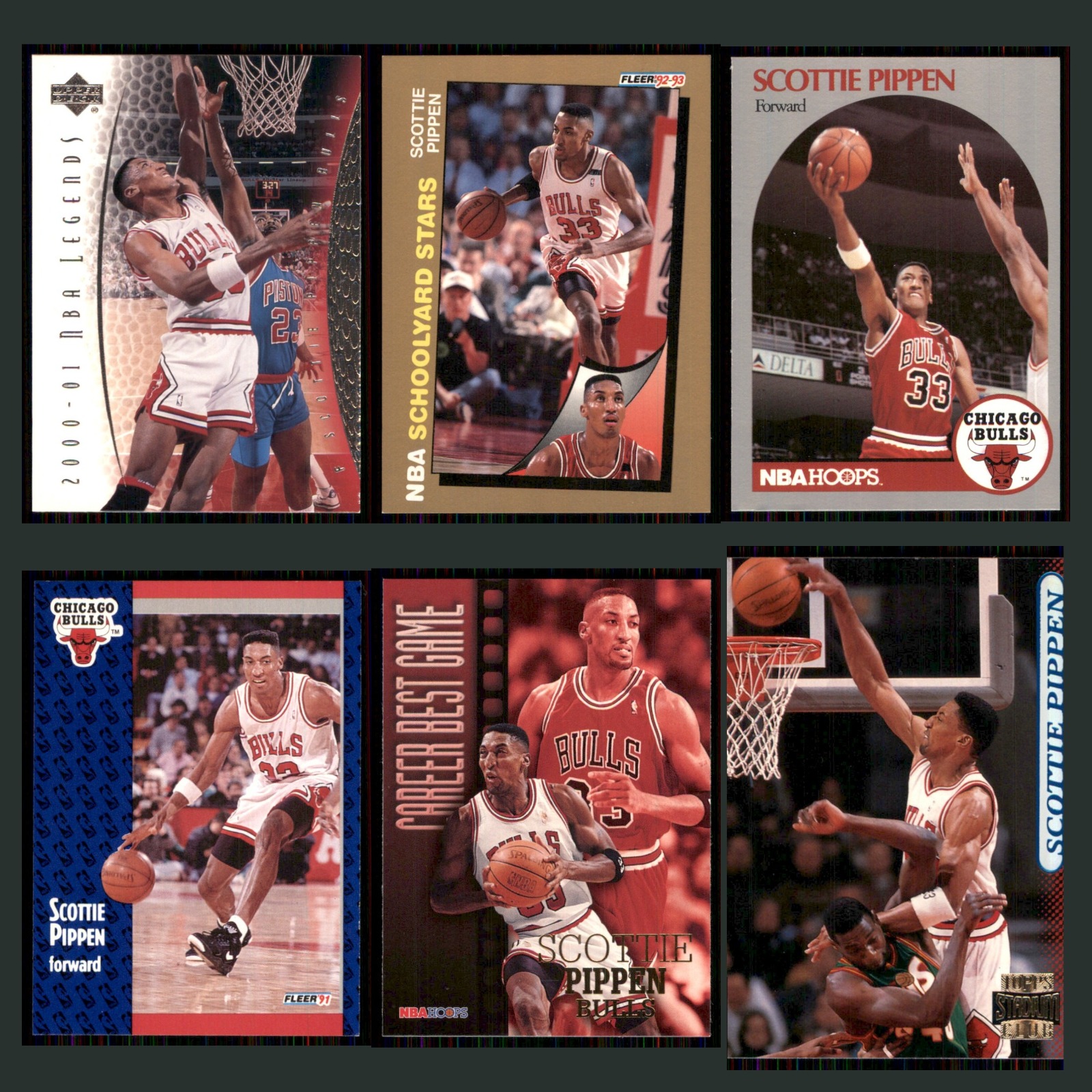 Scottie Pippen Lot 6 Basketball Cards 2000 Upper Deck NBA Legends Chicago Bulls card scans. Overall card condition is Near Mint.