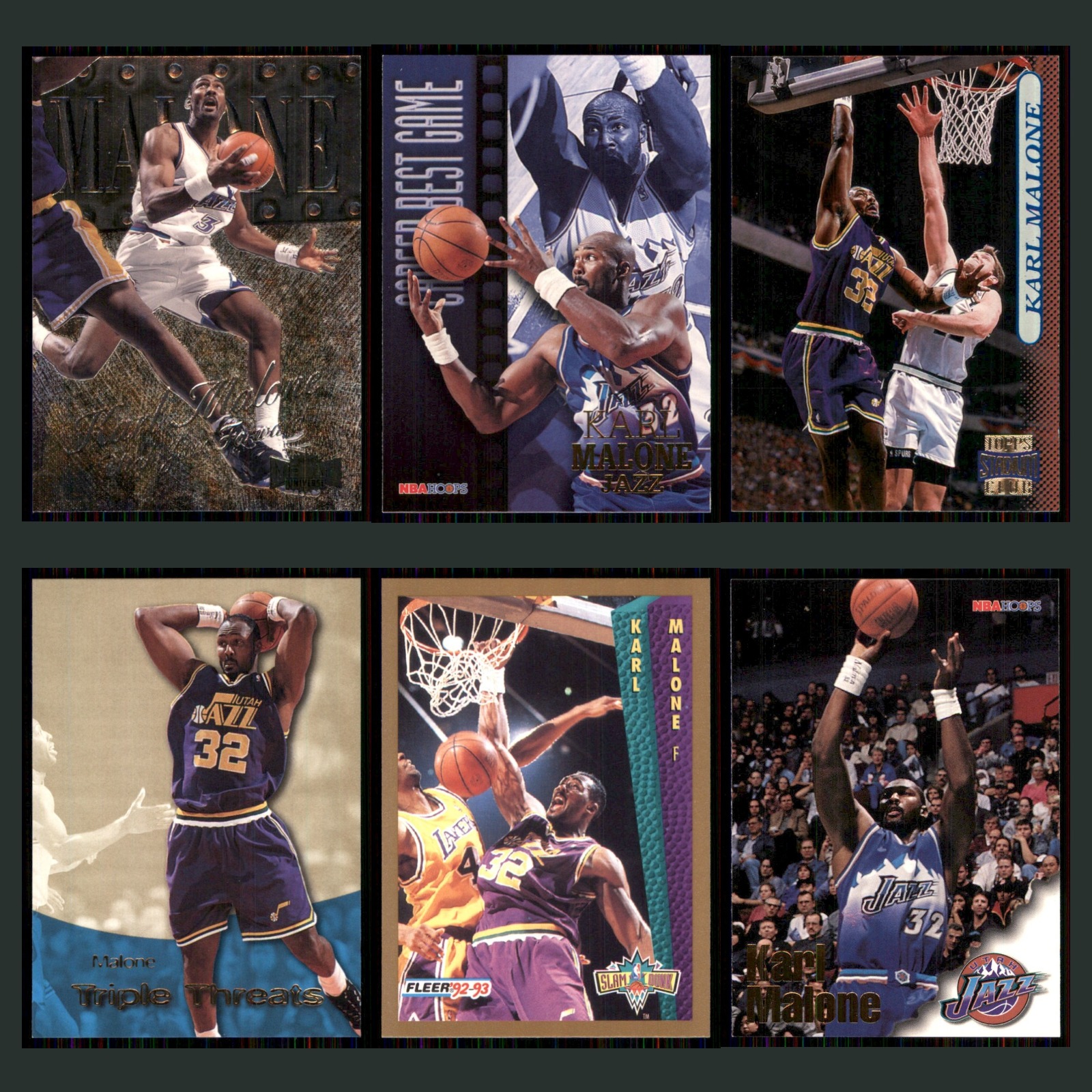 Karl Malone Lot 6 Basketball Cards 1998 Fleer Metal Utah Jazz Set Collection NBA card scans. Overall card condition is Near Mint.
