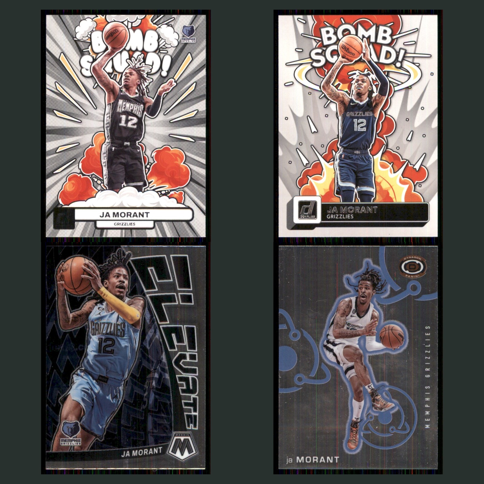 Ja Morant Lot 4 Basketball Cards 2023 Panini Donruss Bomb Squad Grizzlies Set NM card scans. Overall card condition is Near Mint.