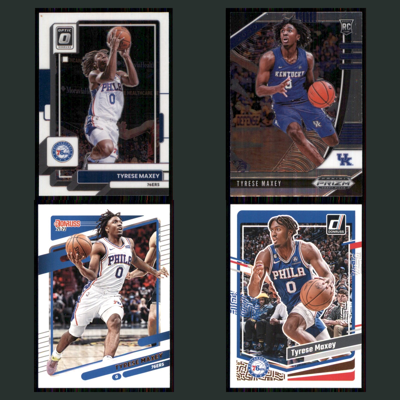 Tyrese Maxey Lot 4 Basketball Cards 2022 Donruss Optic Philadelphia 76ers Set NM card scans. Overall card condition is Near Mint.