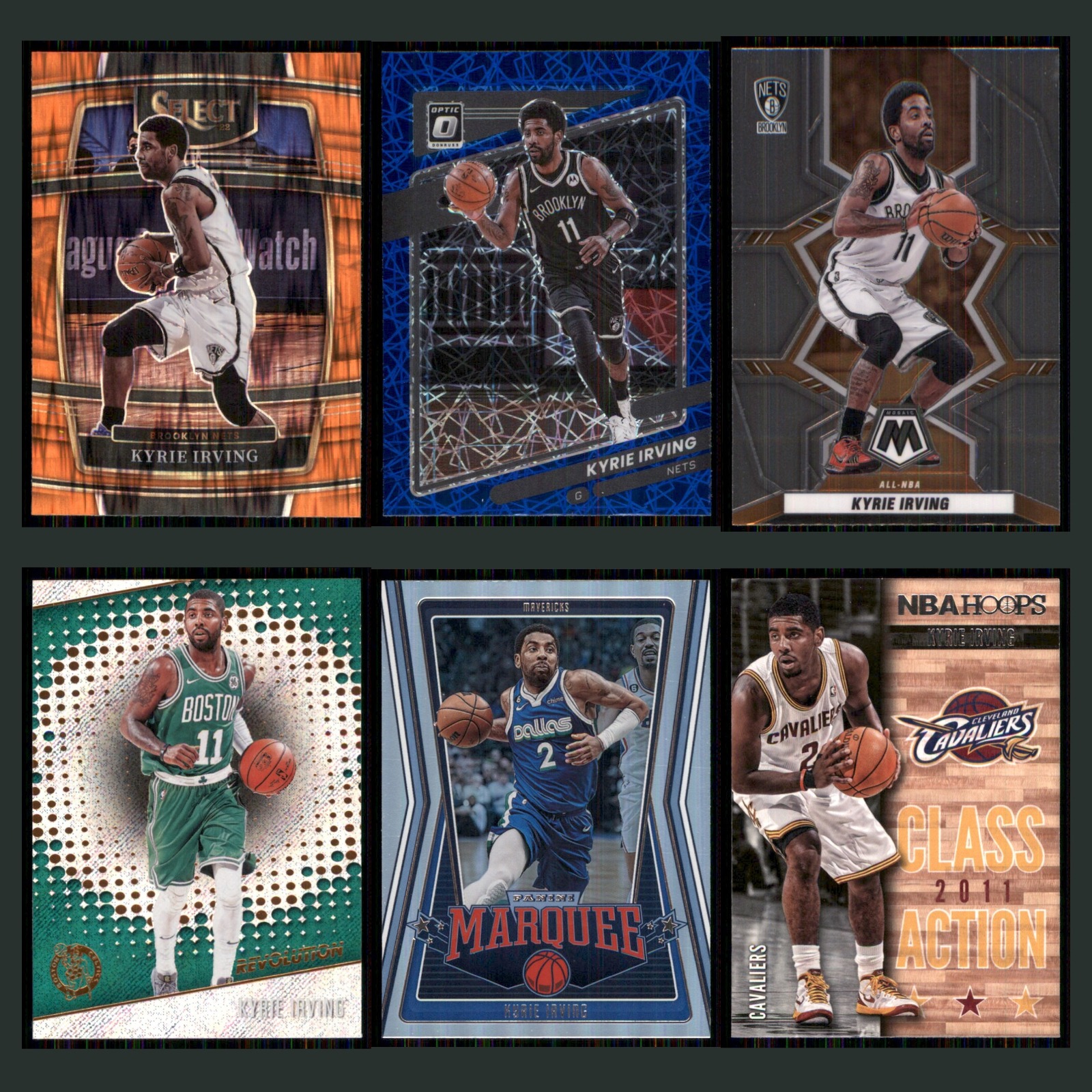 Kyrie Irving Lot 6 Basketball Cards 2021 Panini Select Orange Flash Prizms Nets card scans. Overall card condition is Near Mint.
