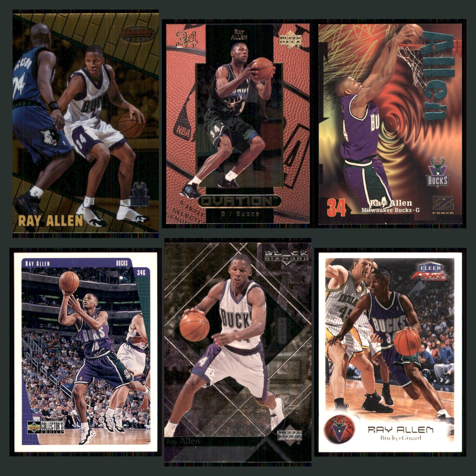 Ray Allen Lot 6 Basketball Cards 2000 Bowmans Best Milwaukee Bucks Set NBA NM card scans. Overall card condition is Near Mint.