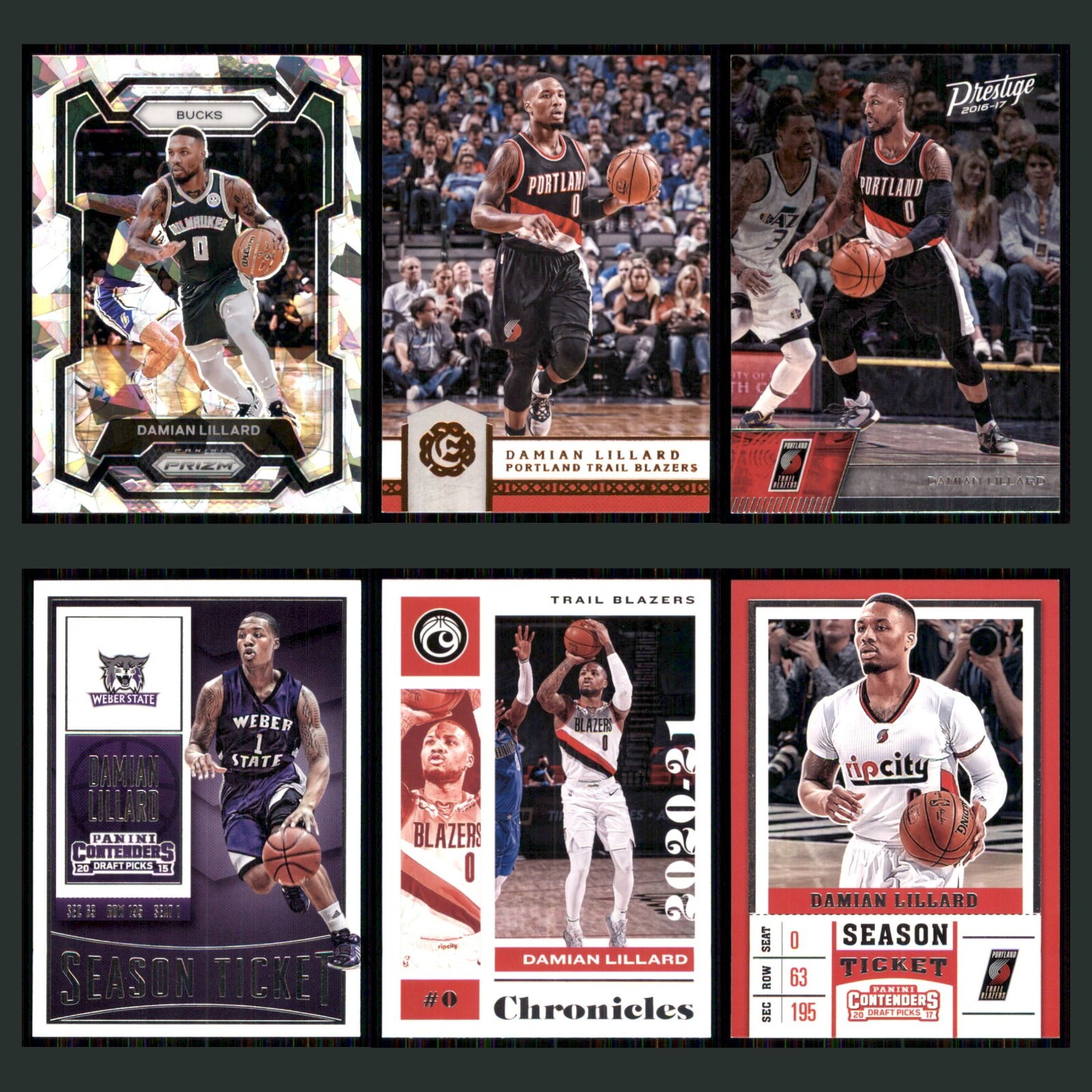 Damian Lillard Lot 6 Basketball Cards 2023 Panini Prizm Cracked Ice Bucks Set NM card scans. Overall card condition is Near Mint.