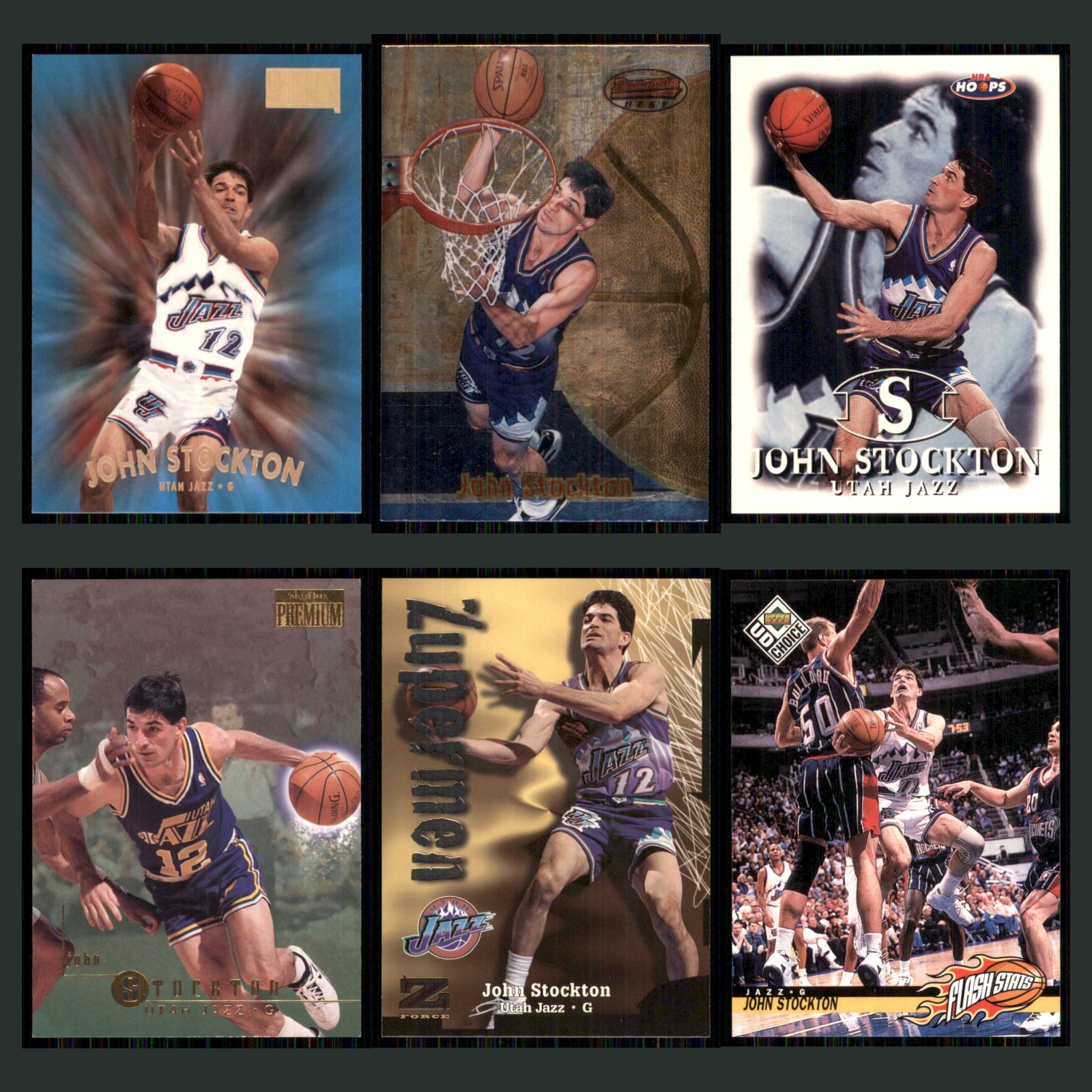 John Stockton Lot 6 Basketball Cards 1997 SkyBox Premium Utah Jazz Set NBA NM card scans. Overall card condition is Near Mint.