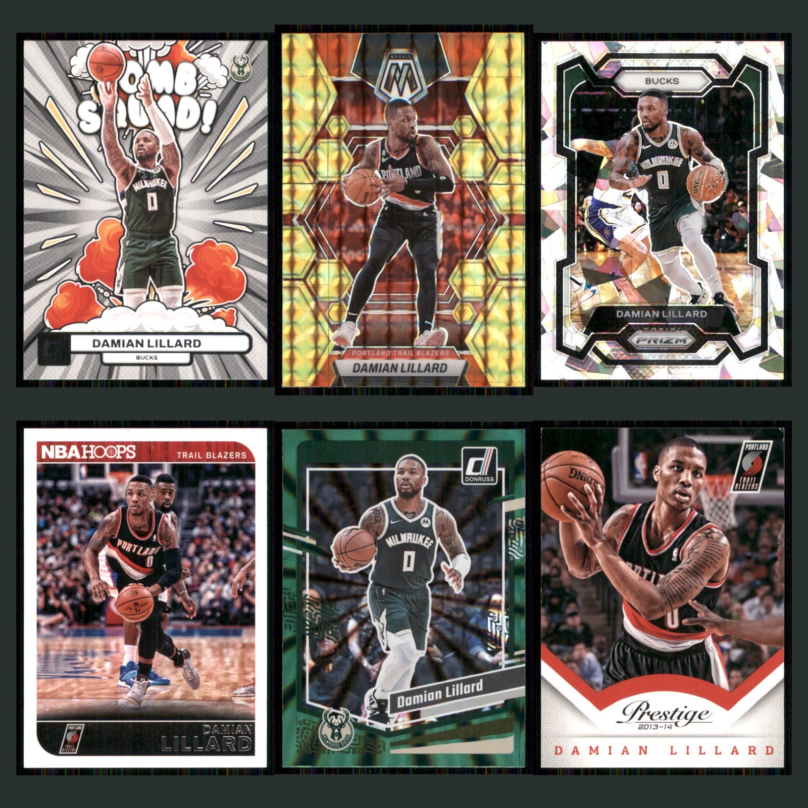Damian Lillard Lot 6 Basketball Cards 2023 Panini Donruss Bomb Squad Bucks Set card scans. Overall card condition is Near Mint.