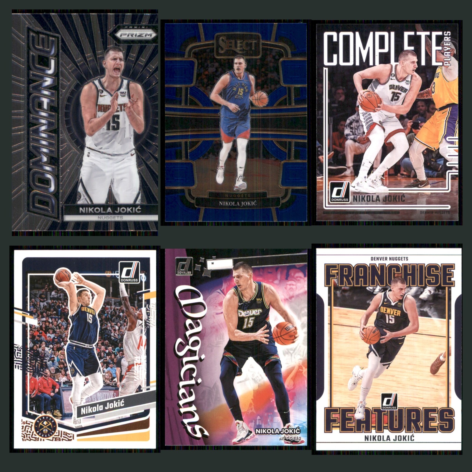 Nikola Jokic Lot 6 Basketball Cards 2023 Panini Prizm Dominance Denver Nuggets card scans. Overall card condition is Near Mint.