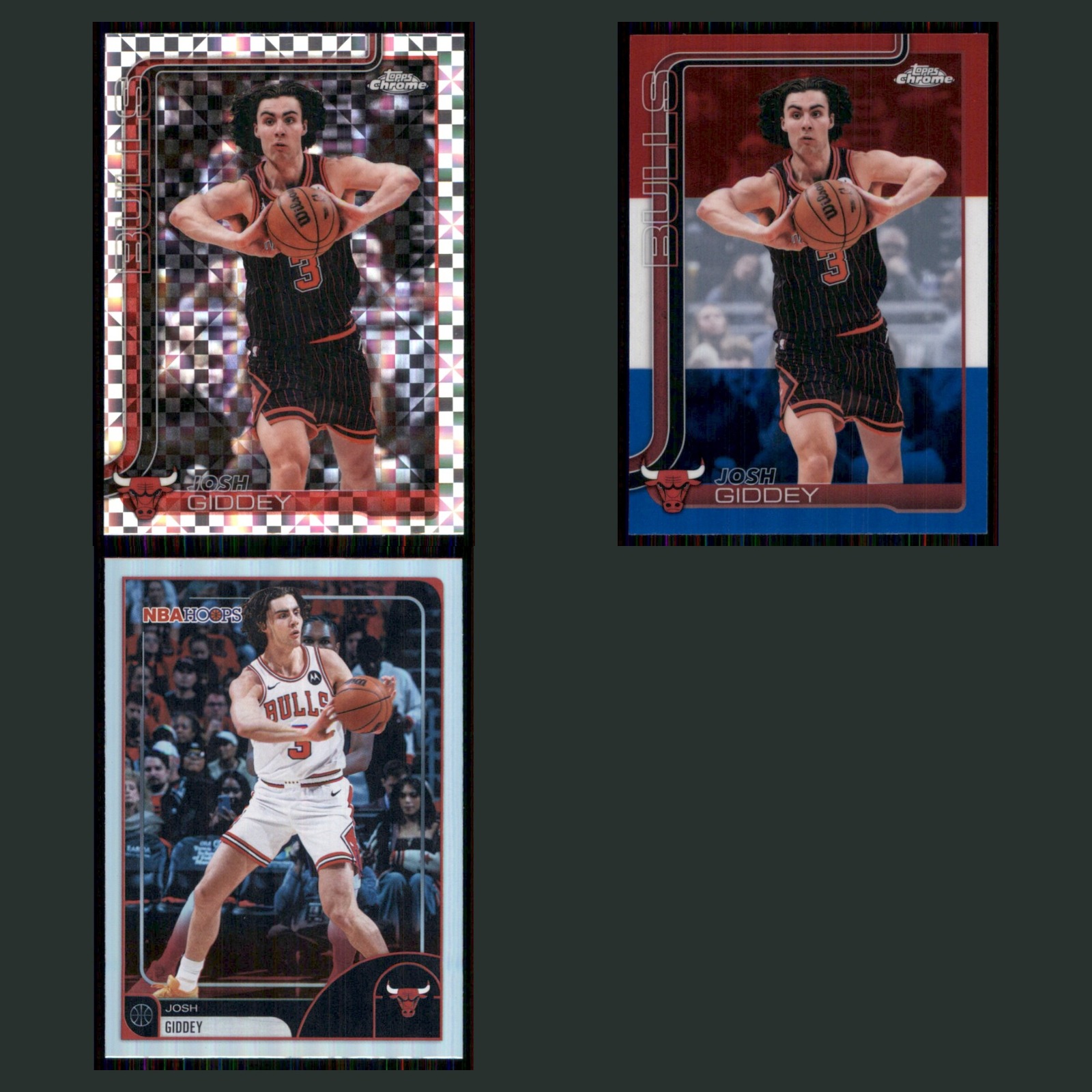 Josh Giddey Lot 3 Basketball Cards 2026 Topps Chrome Xfractor Chicago Bulls Set card scans. Overall card condition is Near Mint.