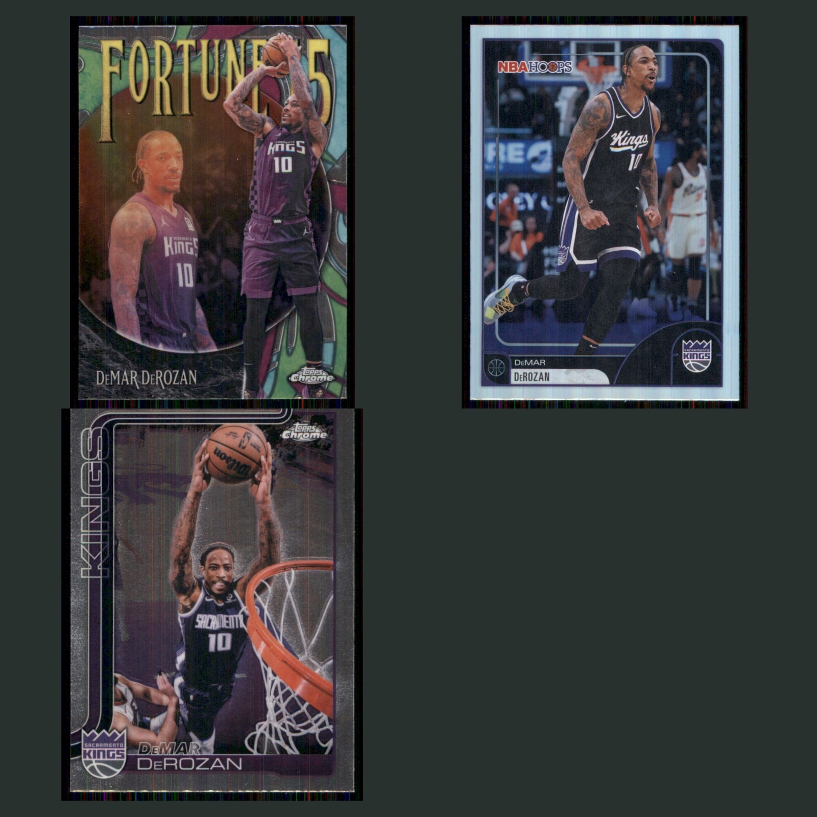 DeMar DeRozan Lot 3 Basketball Cards 2026 Topps Chrome Fortune 15 Kings Set NBA card scans. Overall card condition is Near Mint.