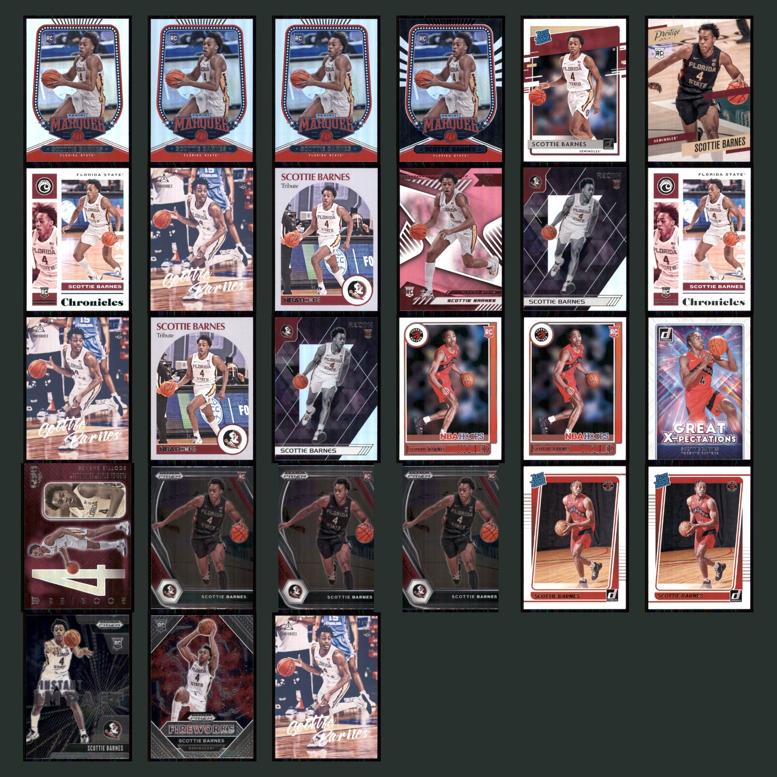 Scottie Barnes Rookie Lot 27 Basketball Cards 2021 Panini Chronicles Draft Picks card scans. Overall card condition is Near Mint.