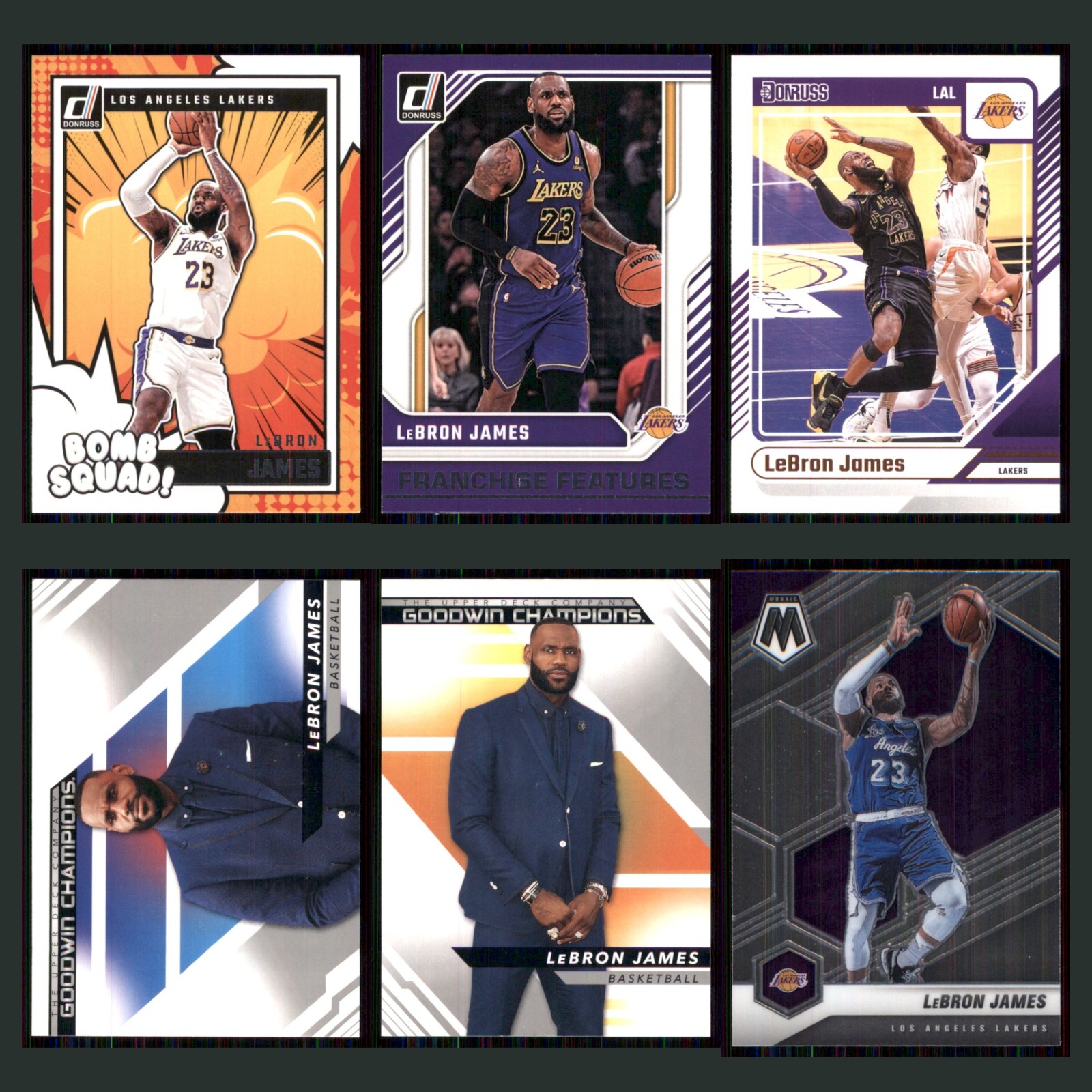 LeBron James Lot 6 Basketball Cards 2024 Donruss Bomb Squad Los Angeles Lakers card scans. Overall card condition is Near Mint.