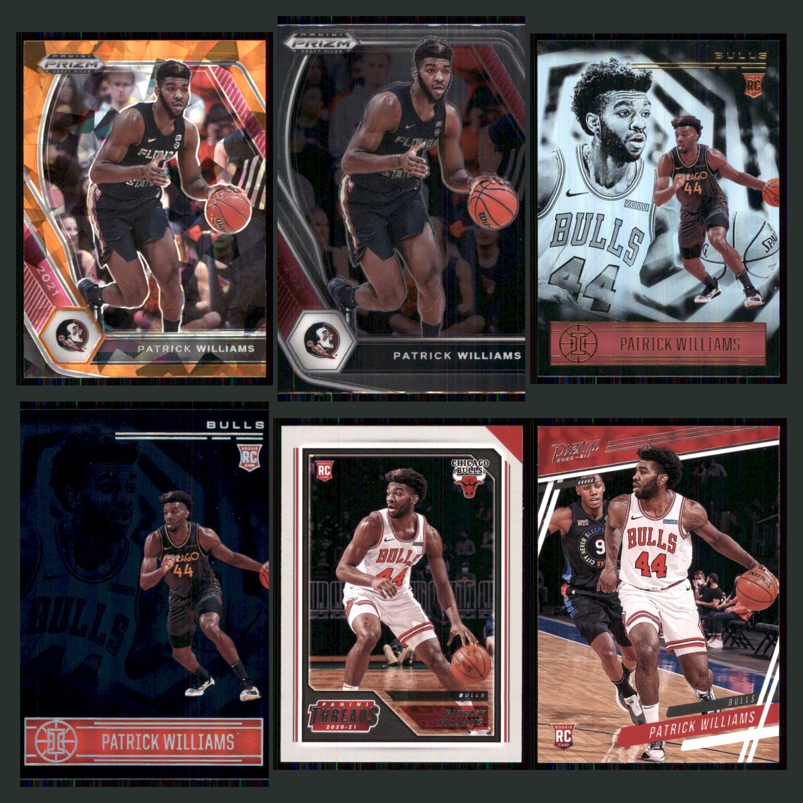 Patrick Williams Rookie Lot 6 Basketball Cards 2021 Florida State Seminoles Set card scans. Overall card condition is Near Mint.