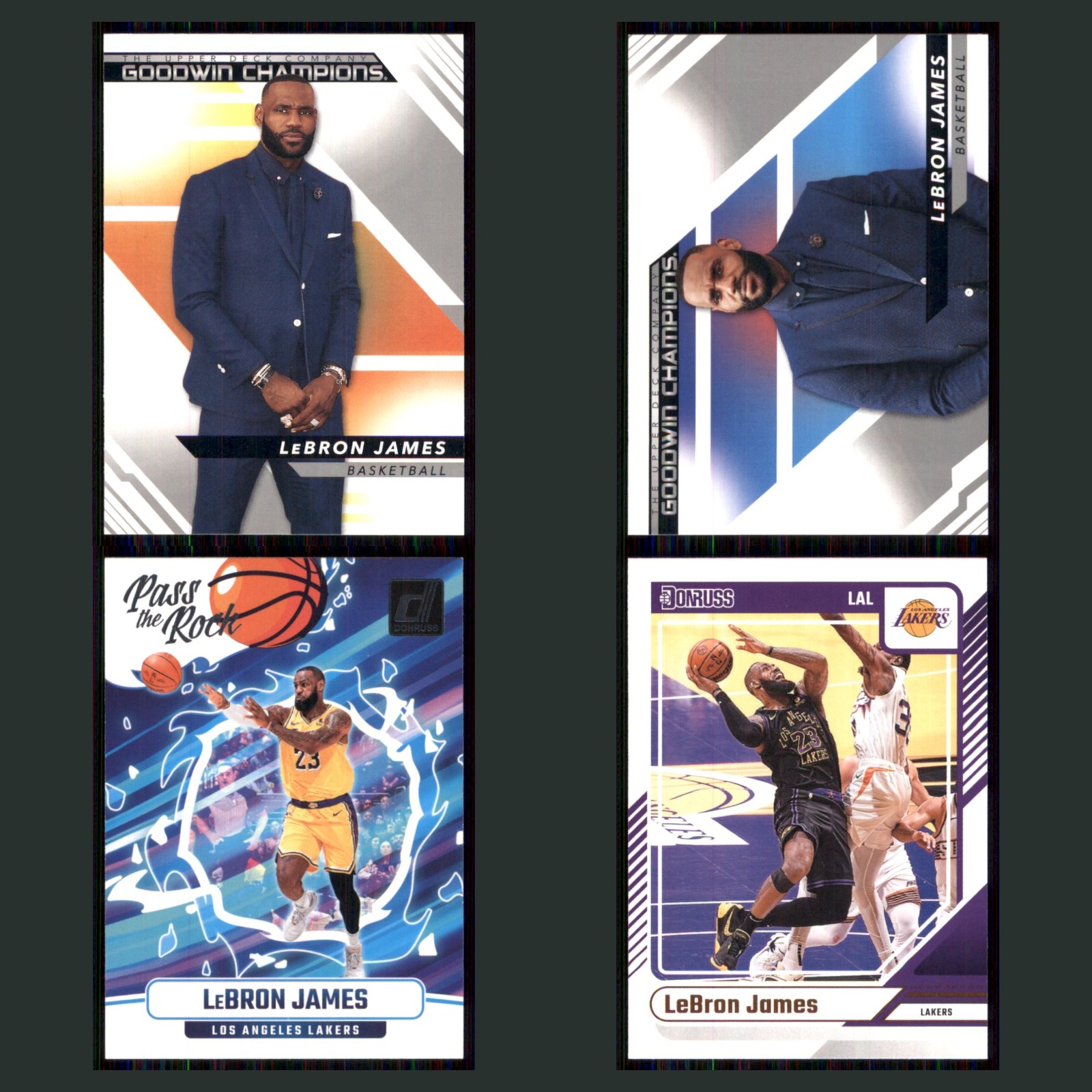 LeBron James Lot 4 Basketball Cards 2022 Upper Deck Goodwin Champions Lakers Set card scans. Overall card condition is Near Mint.