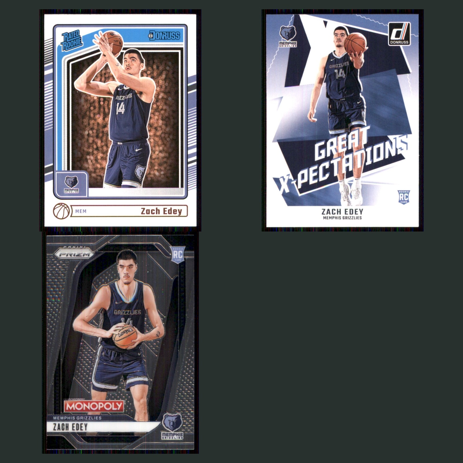 Zach Edey Rookie Lot 3 Basketball Cards 2024 Donruss Memphis Grizzlies Set NBA card scans. Overall card condition is Near Mint.