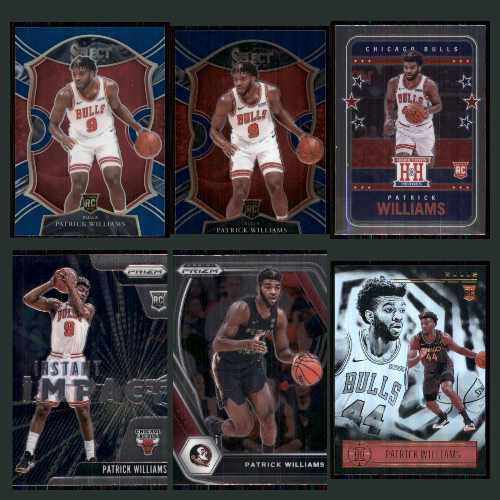 Patrick Williams Rookie Lot 6 Basketball Cards 2020 Panini Select Blue Bulls Set card scans. Overall card condition is Near Mint.