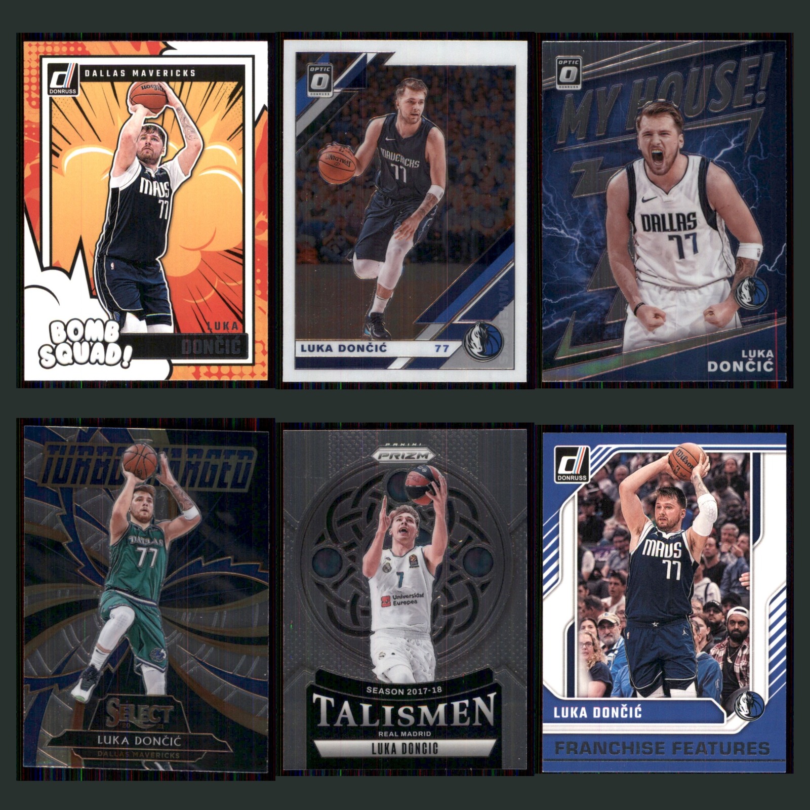 Luka Doncic Lot 6 Basketball Cards 2024 Panini Donruss Bomb Squad Mavericks Set card scans. Overall card condition is Near Mint.