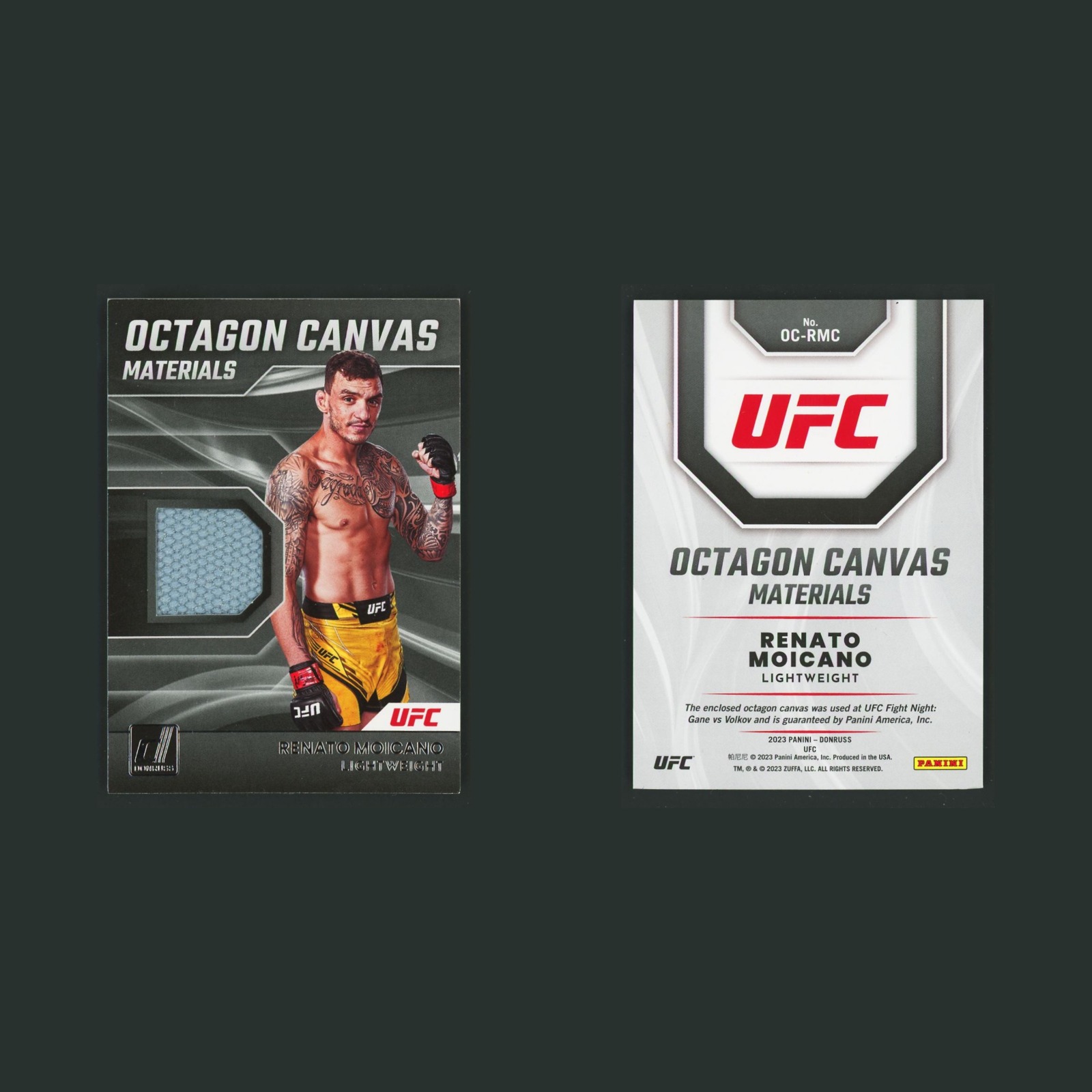 Renato Moicano Patch #OC-RMC 2023 Panini Donruss UFC Octagon Canvas Materials front and back scans. Card condition is Near Mint.