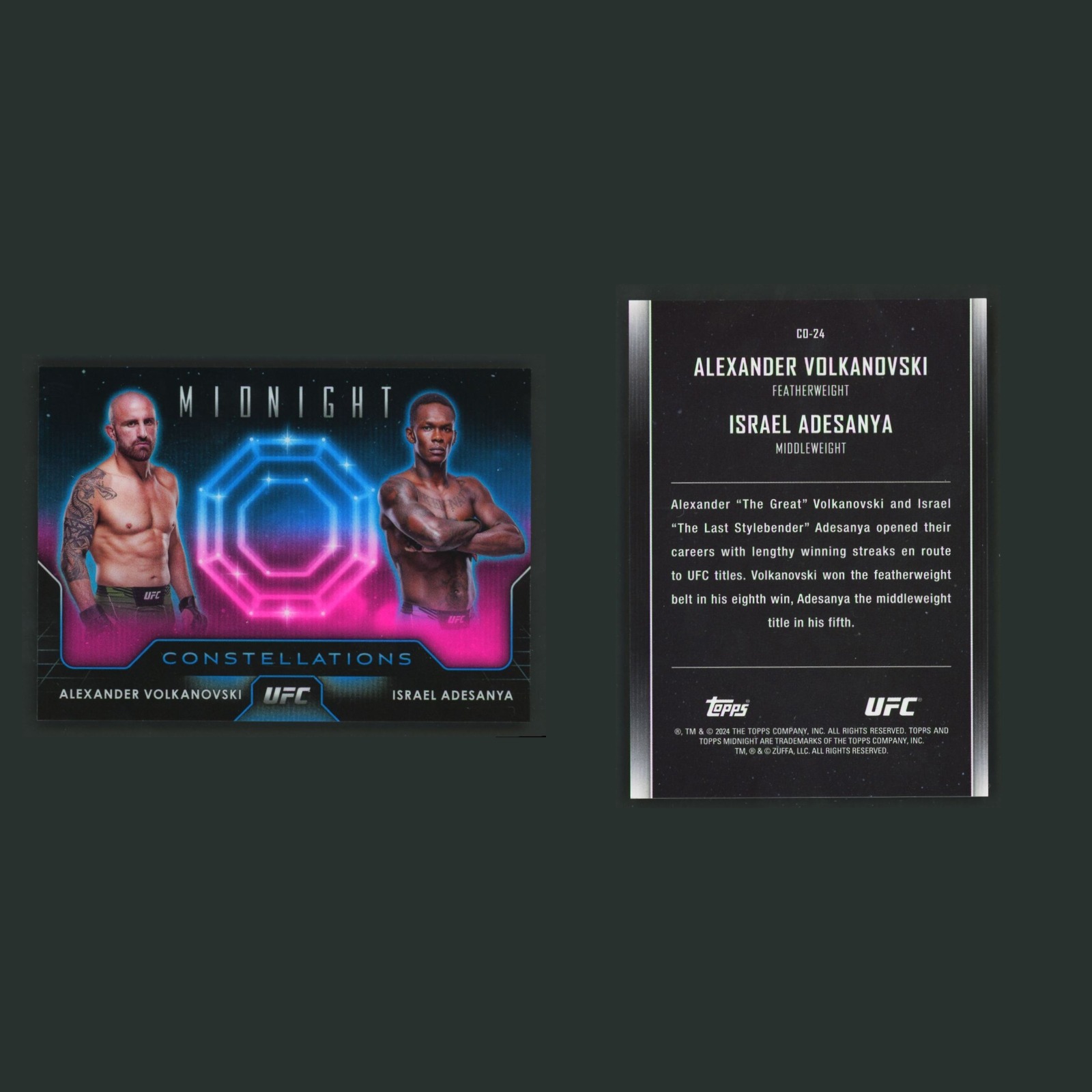 Alexander Volkanovski/Israel Adesanya #CO-24 2024 MMA Card front and back scans. Card condition is Near Mint.