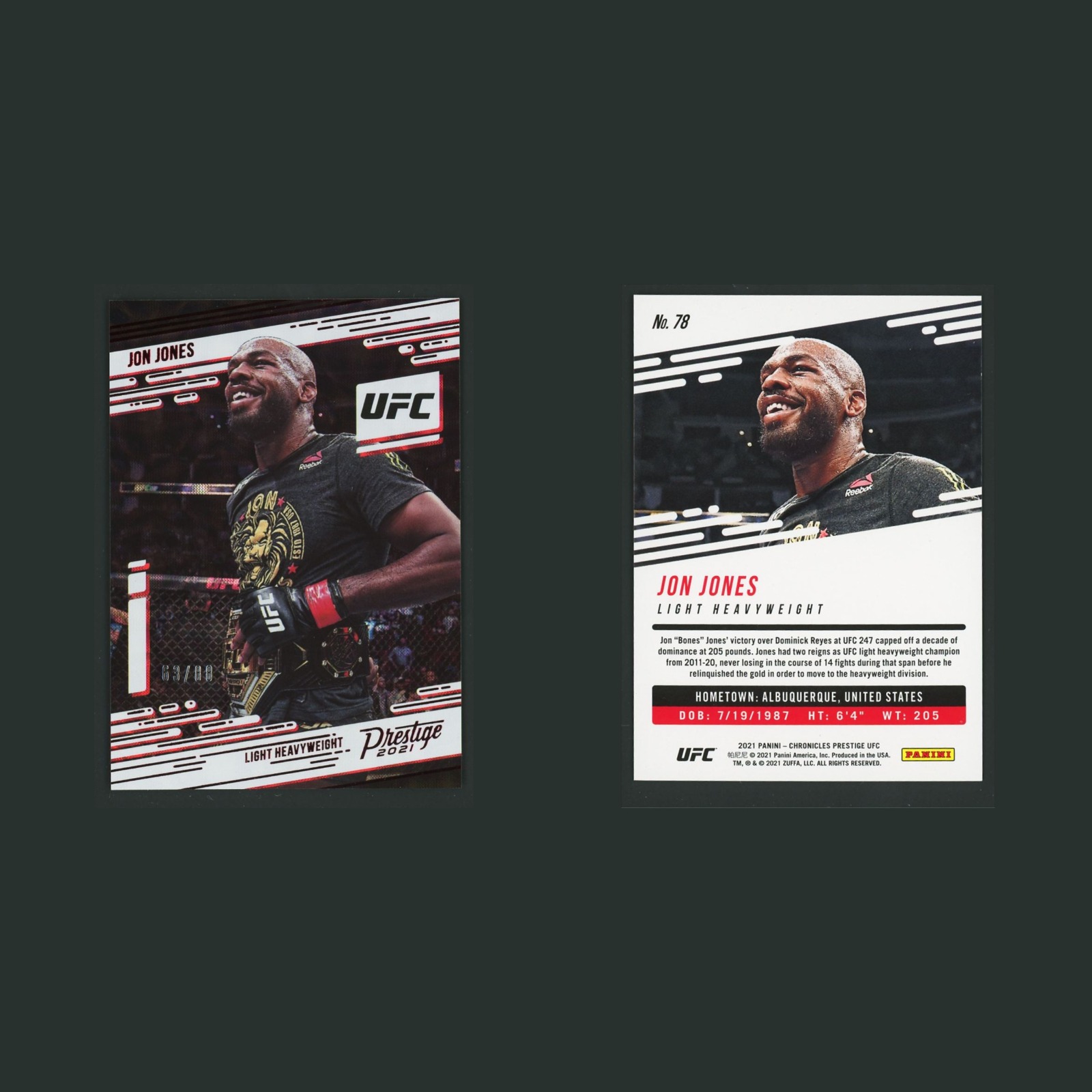 Jon Jones /88 #78 2021 Panini Chronicles Prestige UFC Asia Red Scope MMA Card front and back scans. Card condition is Near Mint.