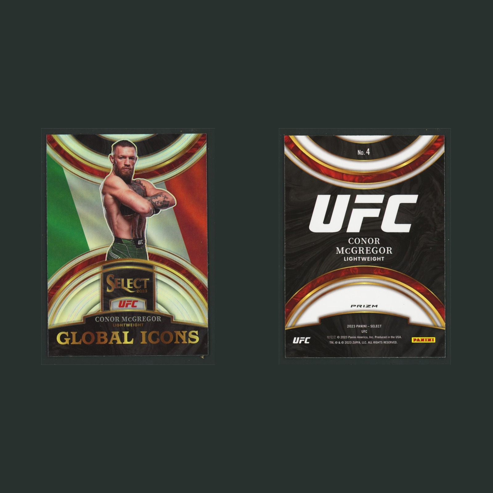 Conor McGregor #4 2023 Panini Select UFC Global Icons Silver MMA Card front and back scans. Card condition is Near Mint.