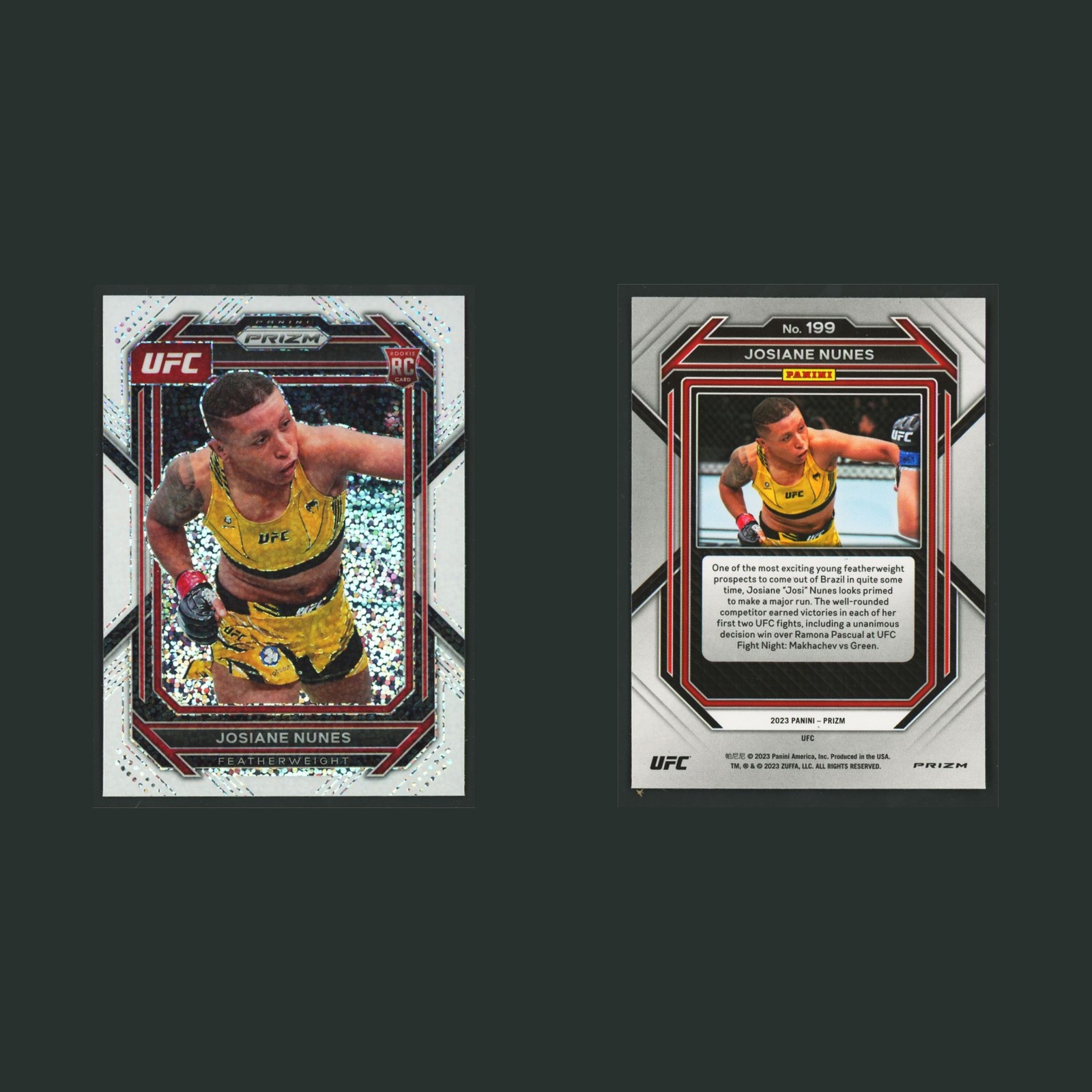 Josiane Nunes Rookie #199 2023 Panini Prizm UFC White Sparkle MMA Card front and back scans. Card condition is Near Mint.