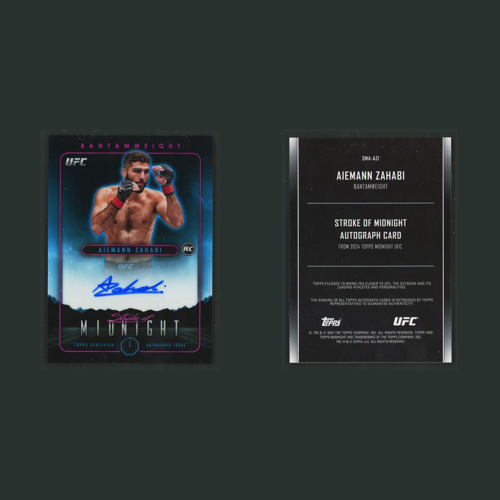 Aiemann Zahabi Rookie #SMA-AZI Autograph 2024 Topps Midnight UFC Stroke MMA Card front and back scans. Card condition is Near Mint.