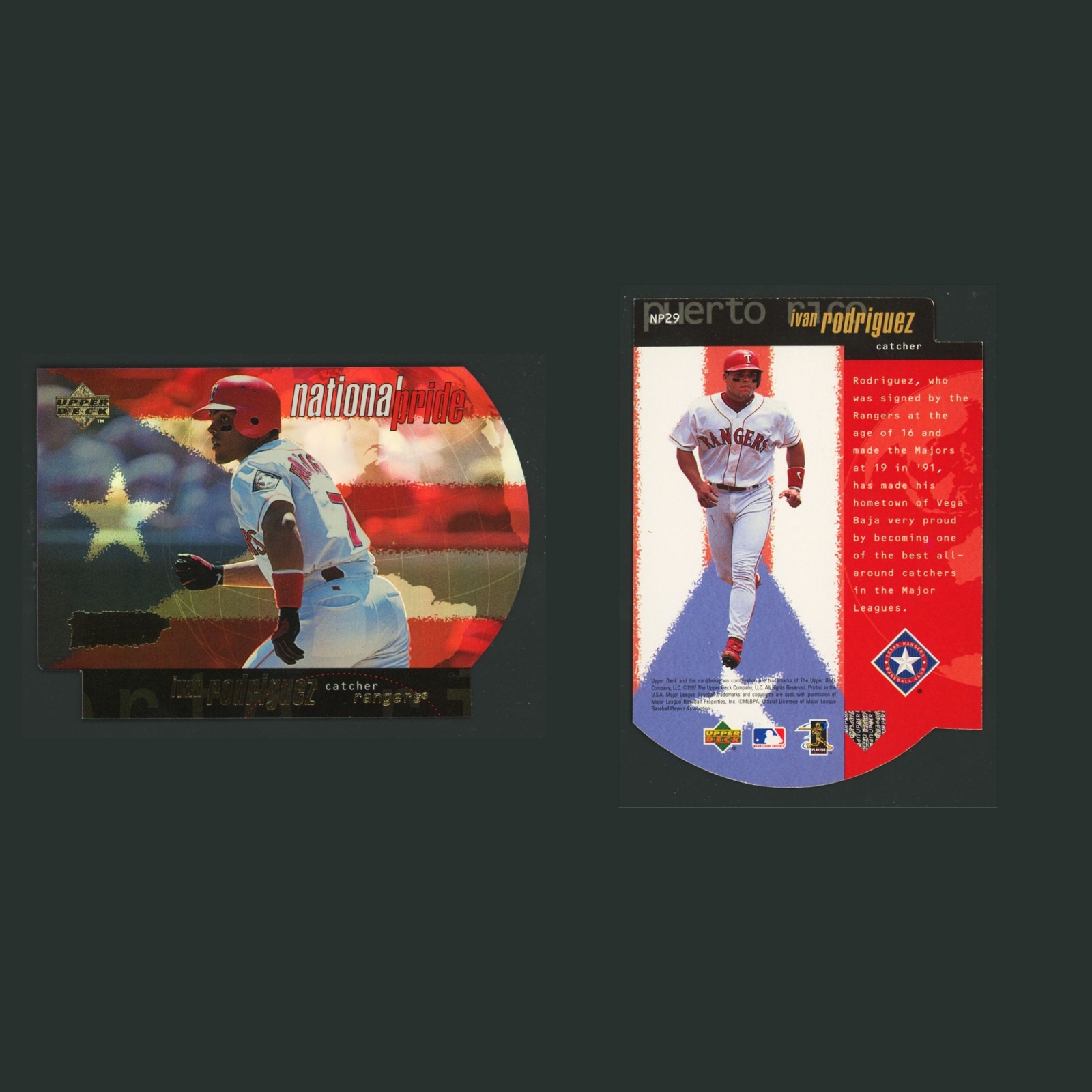 Ivan Rodriguez #NP29 1997 Upper Deck National Pride Texas Rangers Baseball Card front and back scans. Card condition is Excellent.