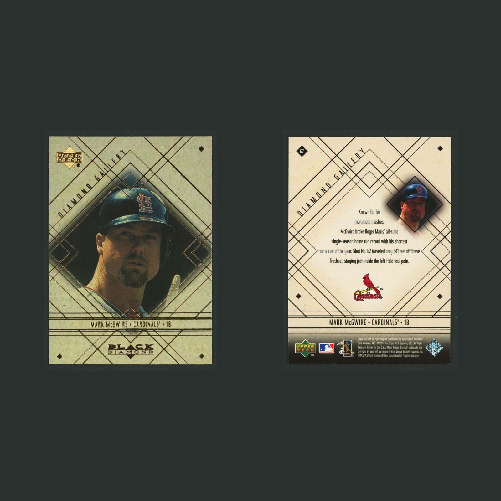 Mark McGwire #G7 1999 Upper Deck Diamond Gallery St. Louis Cardinals Baseball front and back scans. Card condition is Near Mint.