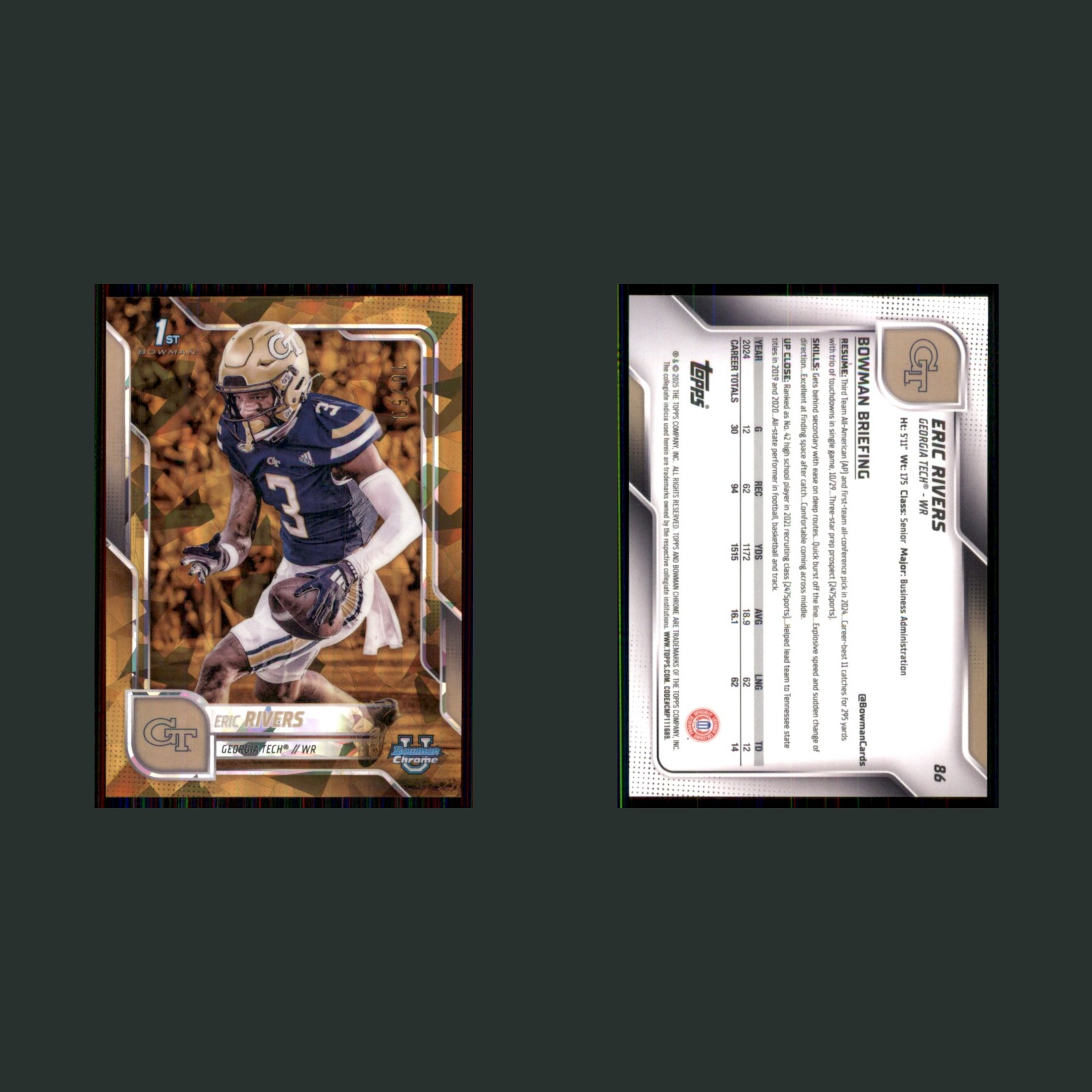 Eric Rivers Rookie /50 #86 2025 Bowman University Chrome Gold Ice Refractor Card front and back scans. Card condition is Near Mint.