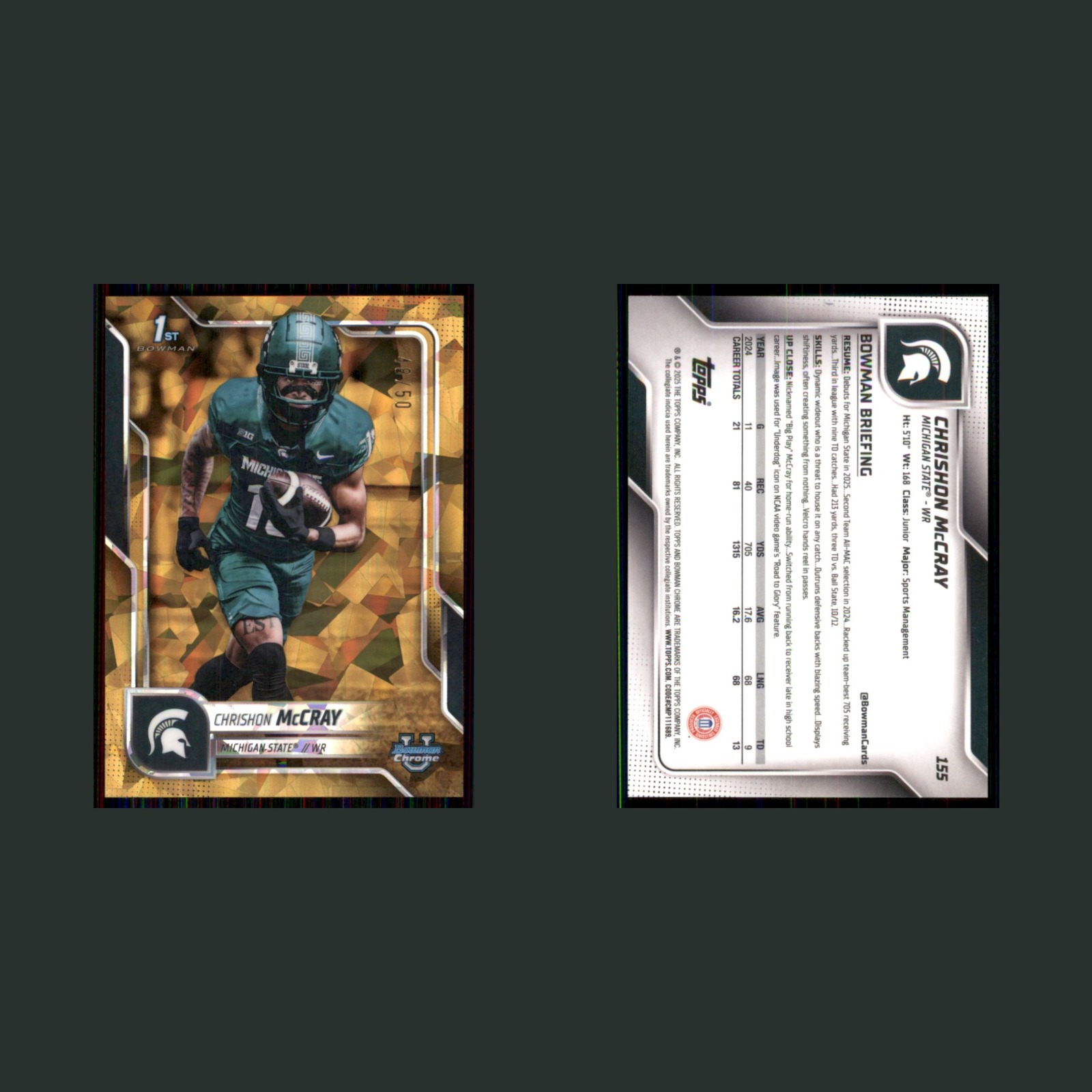 Chrishon McCray Rookie /50 #155 2025 Bowman University Chrome Gold Ice Refractor front and back scans. Card condition is Near Mint.