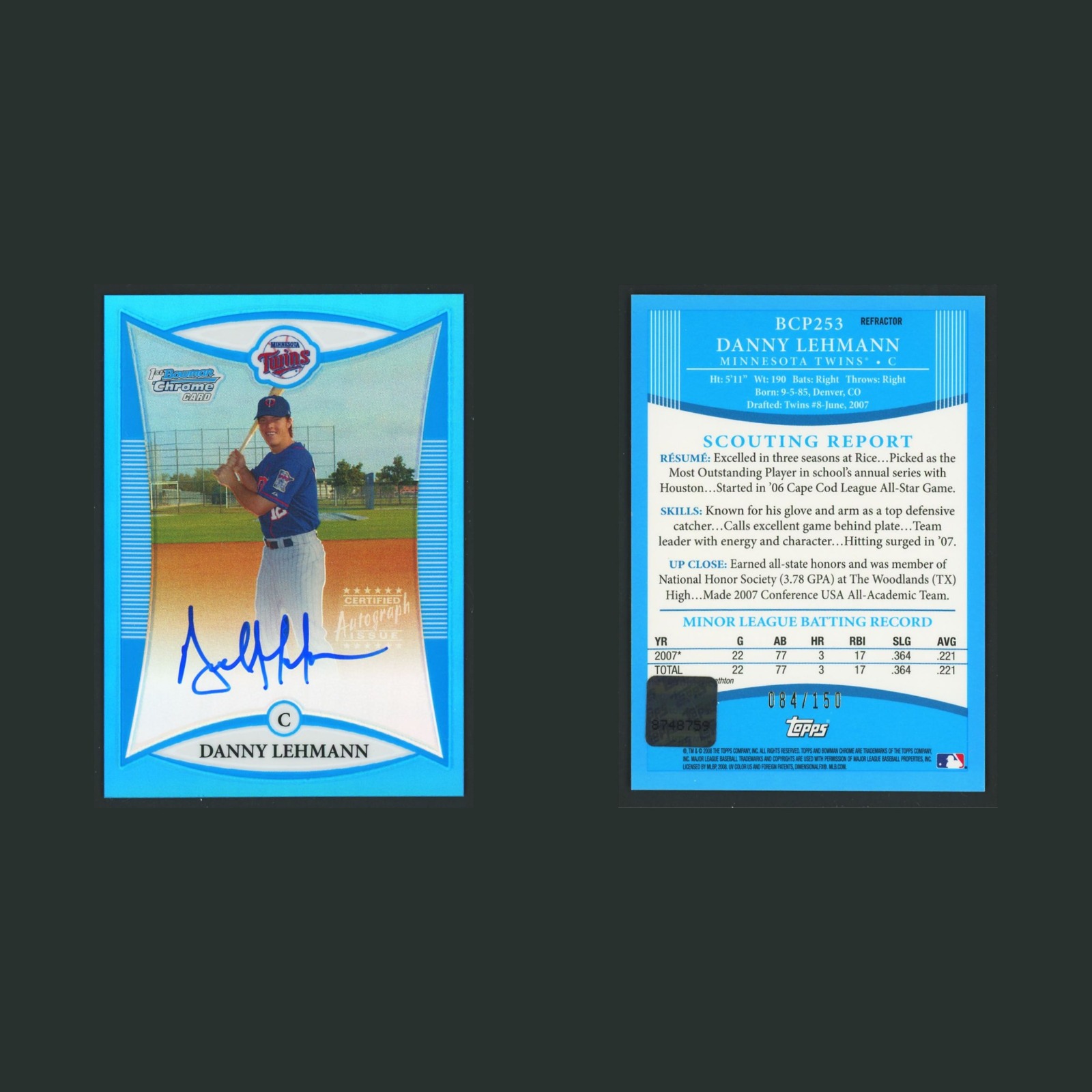 Danny Lehmann Rookie /150 #BCP253 Autograph 2008 Bowman Chrome Blue Refractor front and back scans. Card condition is Near Mint.