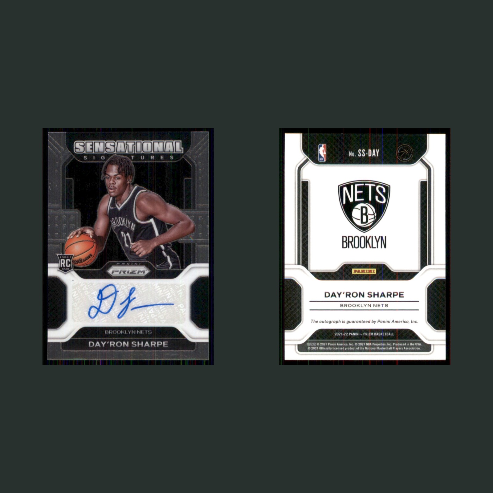 Day'Ron Sharpe Rookie #SS-DAY Autograph 2021-22 Brooklyn Nets Basketball Card front and back scans. Card condition is Near Mint.