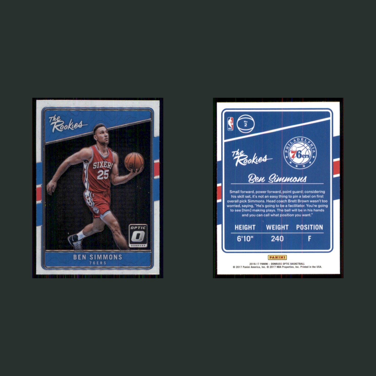 Ben Simmons Rookie #2 2016-17 Donruss Optic The Rookies Philadelphia 76ers Card front and back scans. Card condition is Near Mint.
