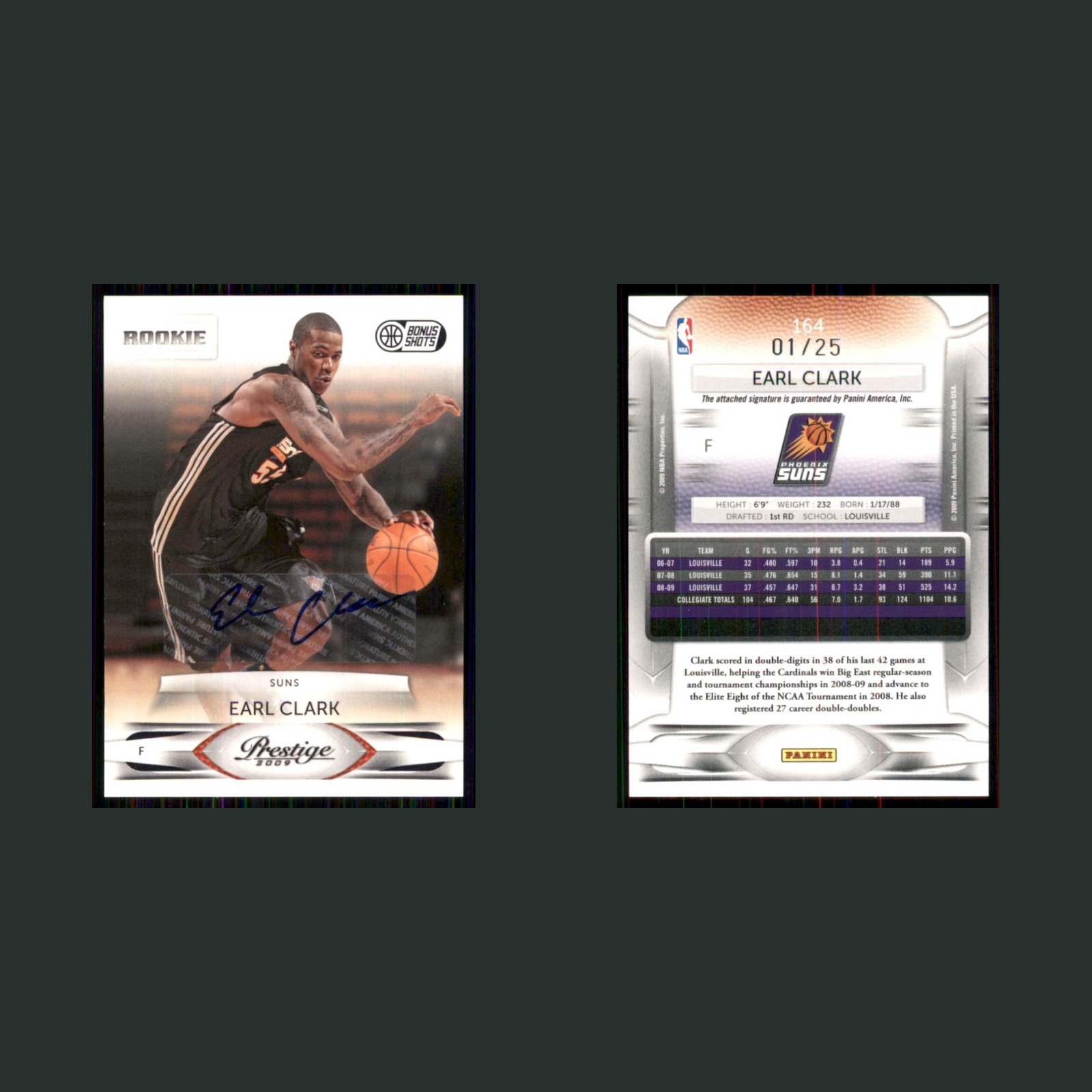 Earl Clark Rookie /25 #164 Autograph 2009-10 Phoenix Suns Basketball Card NBA front and back scans. Card condition is Near Mint.
