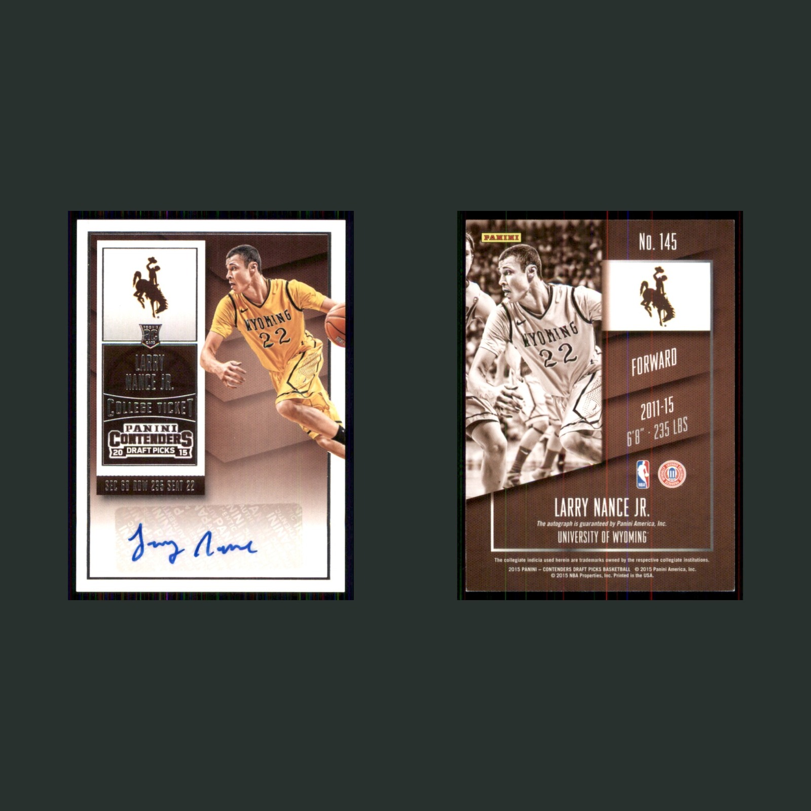 Larry Nance Jr. Rookie #145 Autograph 2015-16 Wyoming Cowboys Basketball Card front and back scans. Card condition is Excellent.