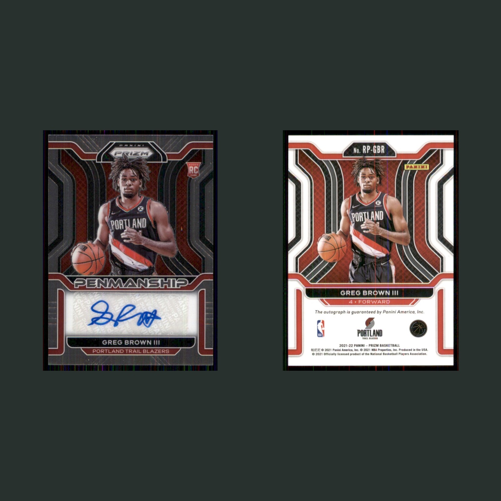 Greg Brown III Rookie #RP-GBR Autograph 2021-22 Panini Prizm Penmanship Blazers front and back scans. Card condition is Near Mint.