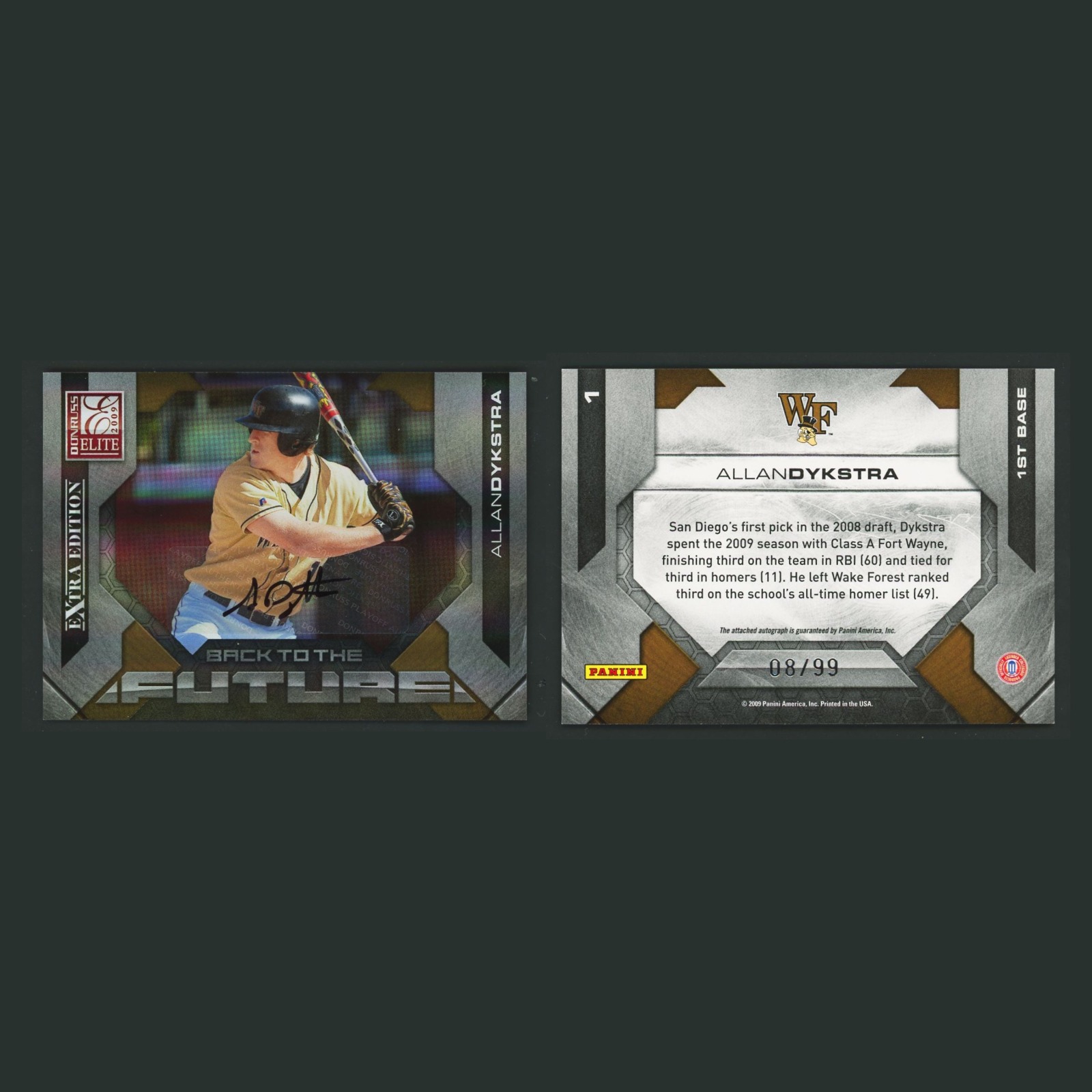 Allan Dykstra Auto /99 #1 Autograph 2009 Wake Forest Demon Deacons Baseball Card front and back scans. Card condition is Near Mint.