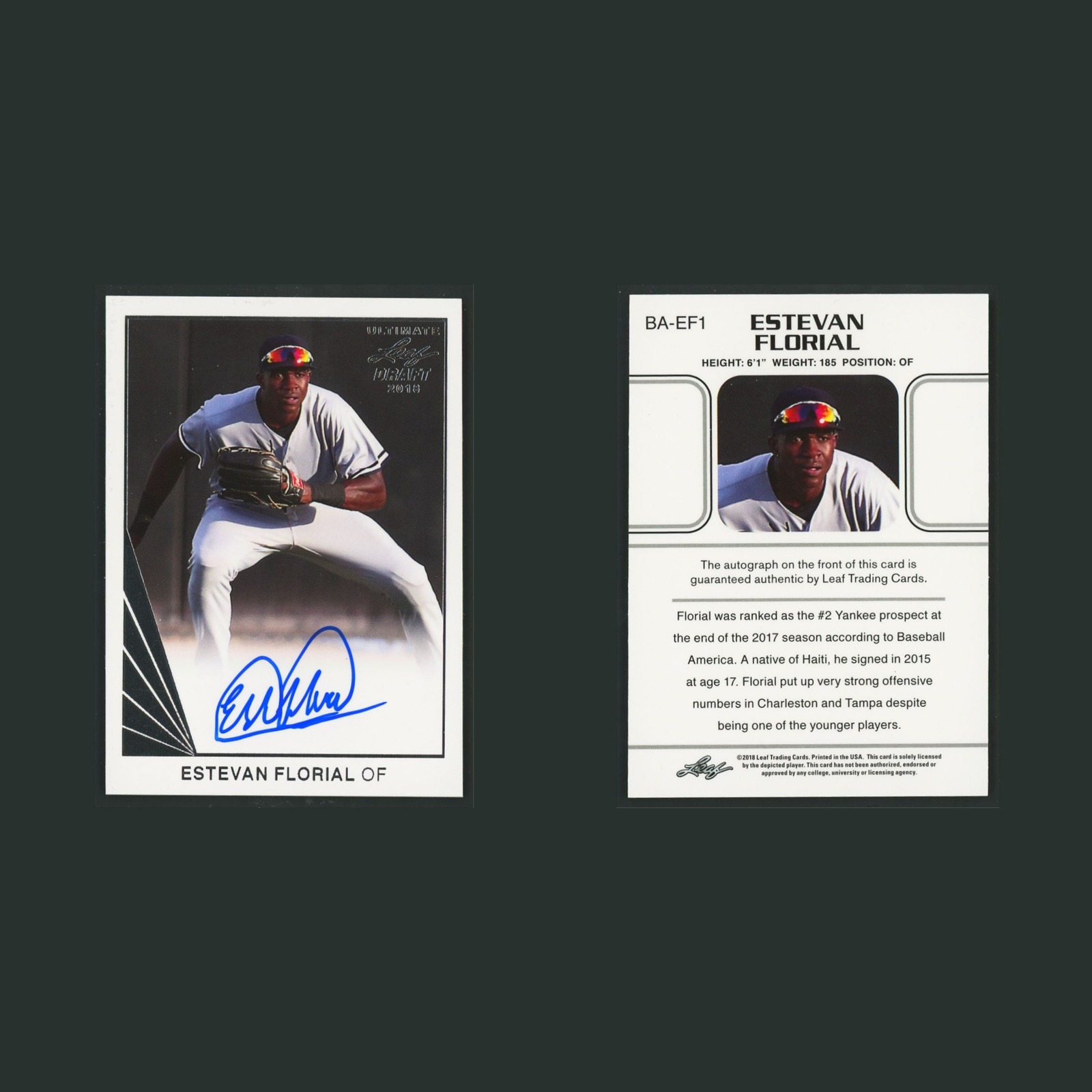 Estevan Florial Auto #BA-EF1 Autograph 2018 Leaf Ultimate Baseball Card MLB front and back scans. Card condition is Near Mint.