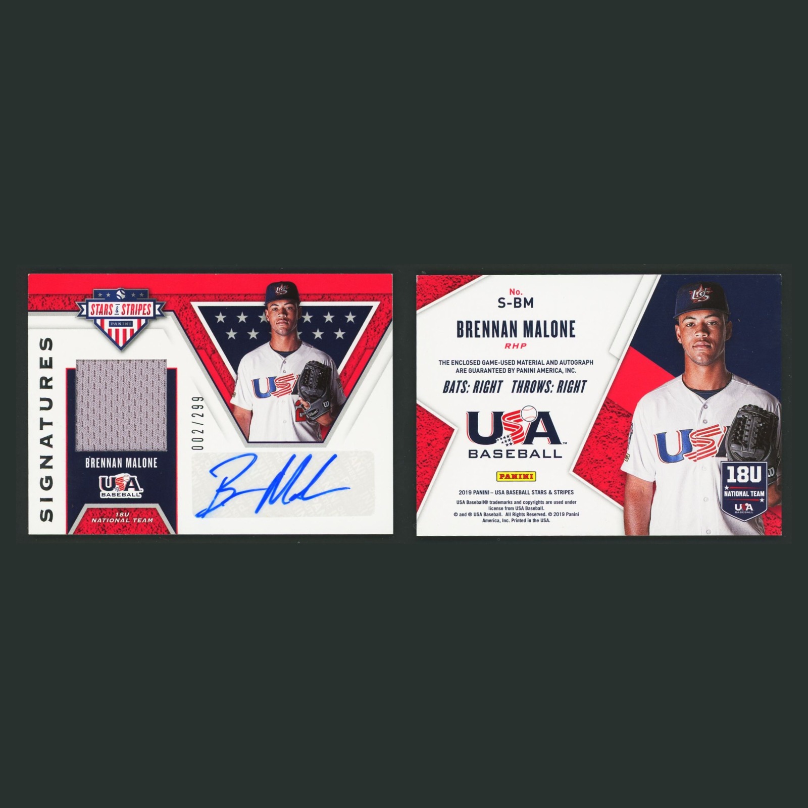 Brennan Malone Patch Auto /299 #S-BM Autograph 2019 USA Baseball Card MLB front and back scans. Card condition is Near Mint.