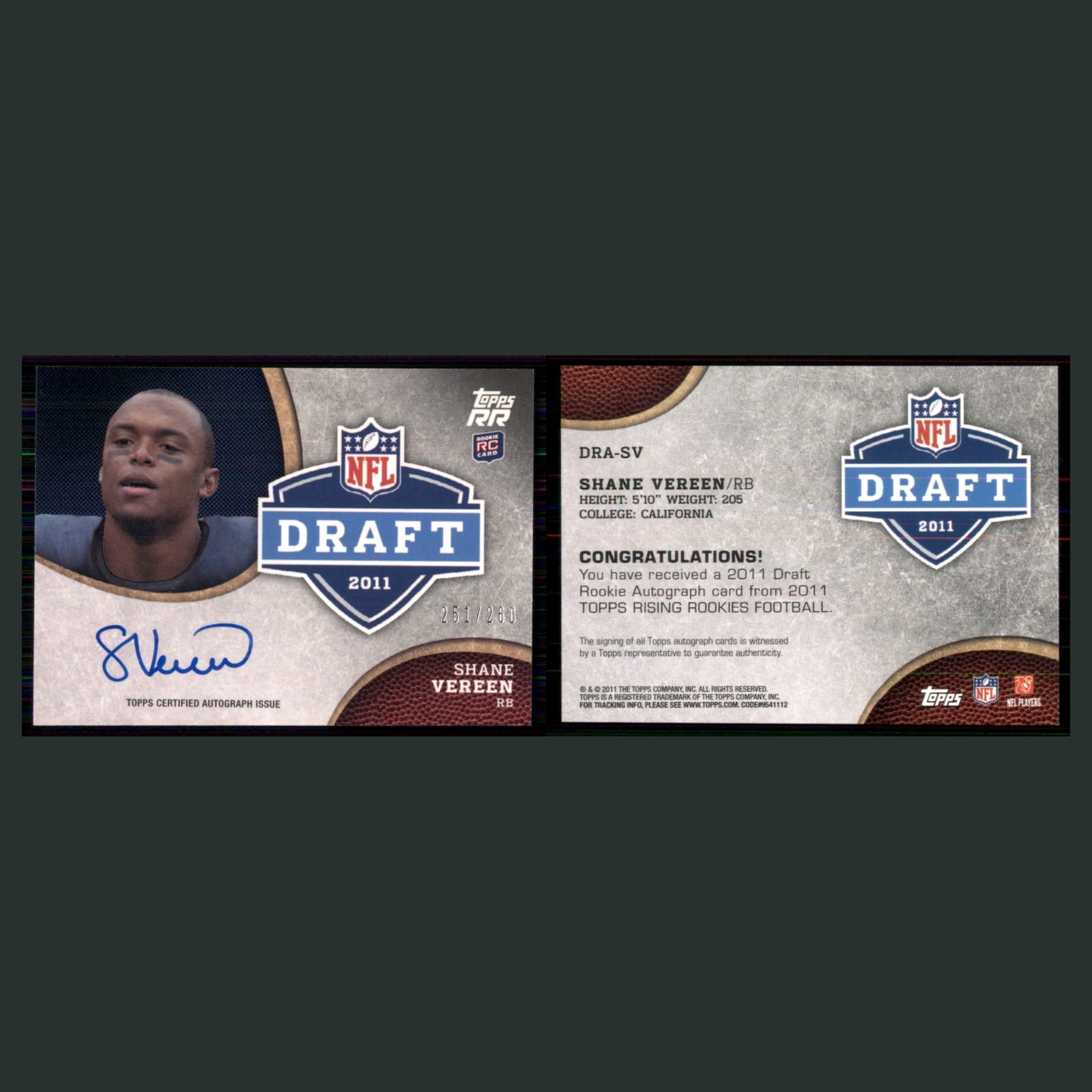 Shane Vereen Rookie /260 #DRA-SV Autograph 2011 Topps Rising Rookies Autographs front and back scans. Card condition is Near Mint.