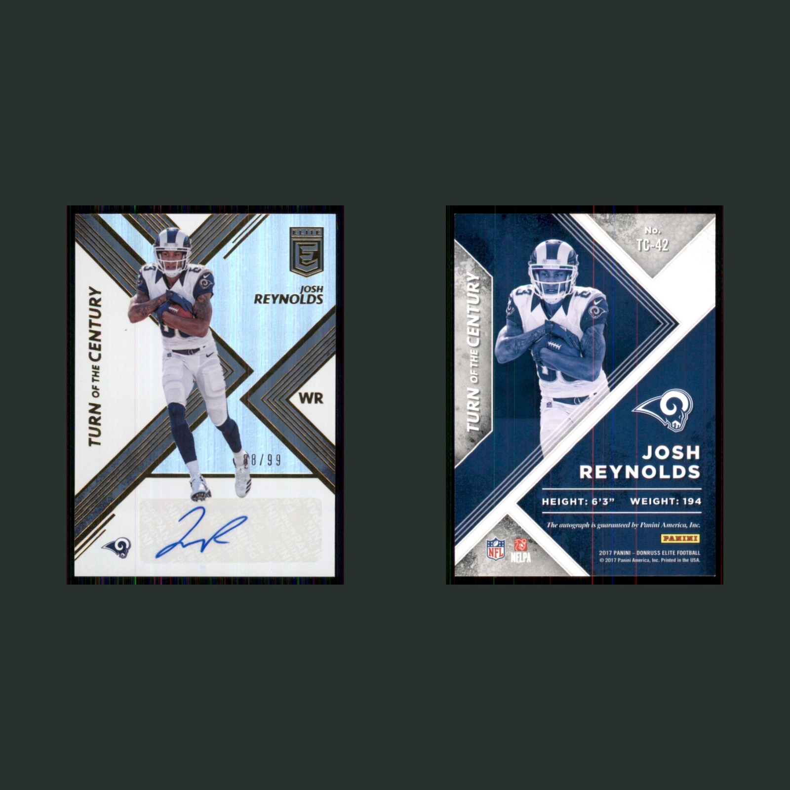Josh Reynolds Rookie /99 #TC-42 Autograph 2017 Donruss Elite Turn of the Century front and back scans. Card condition is Near Mint.